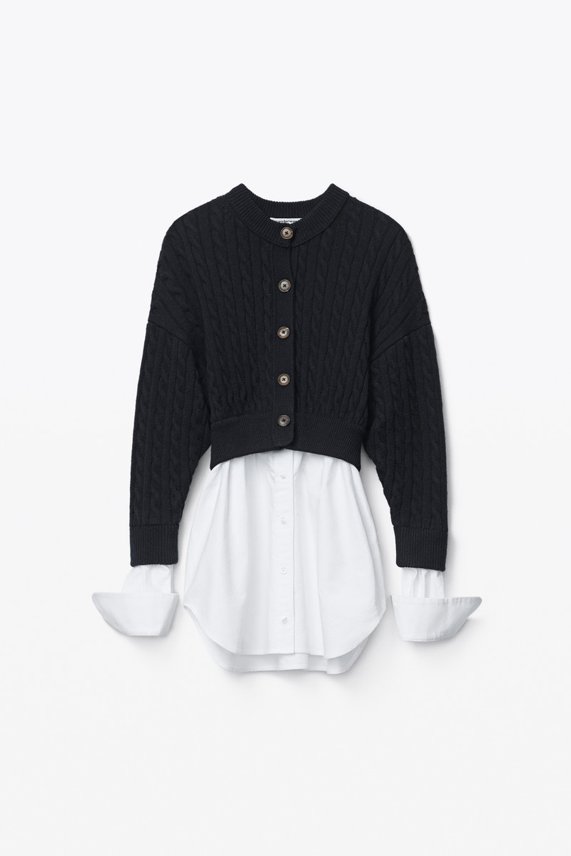 HYBRID TOP IN COTTON OXFORD AND WOOL CABLE 1