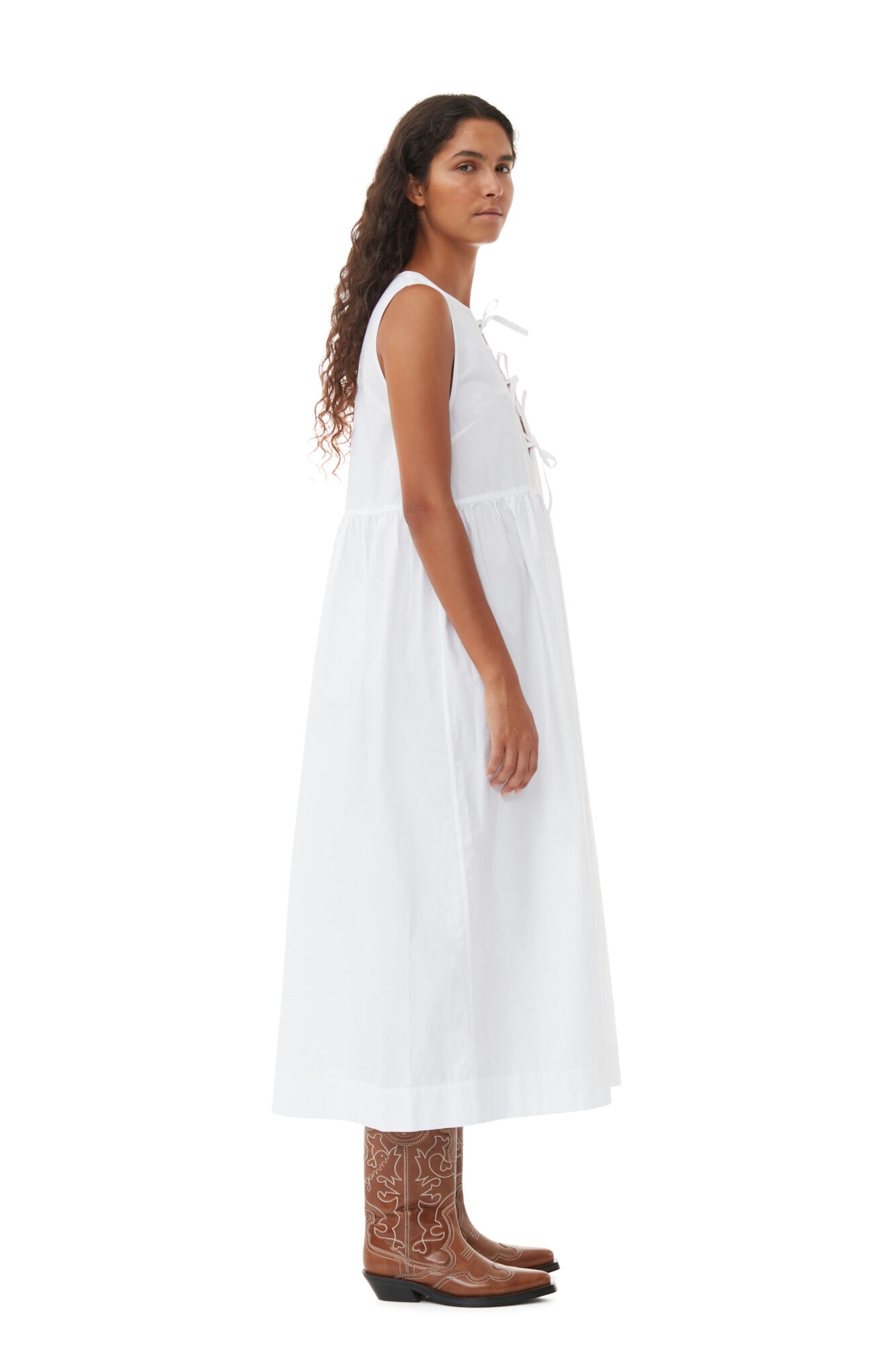 WHITE COTTON POPLIN MIDI DRESS - 4