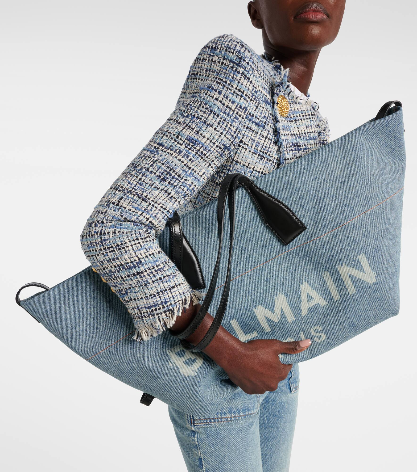 Track leather-trimmed denim tote bag - 2