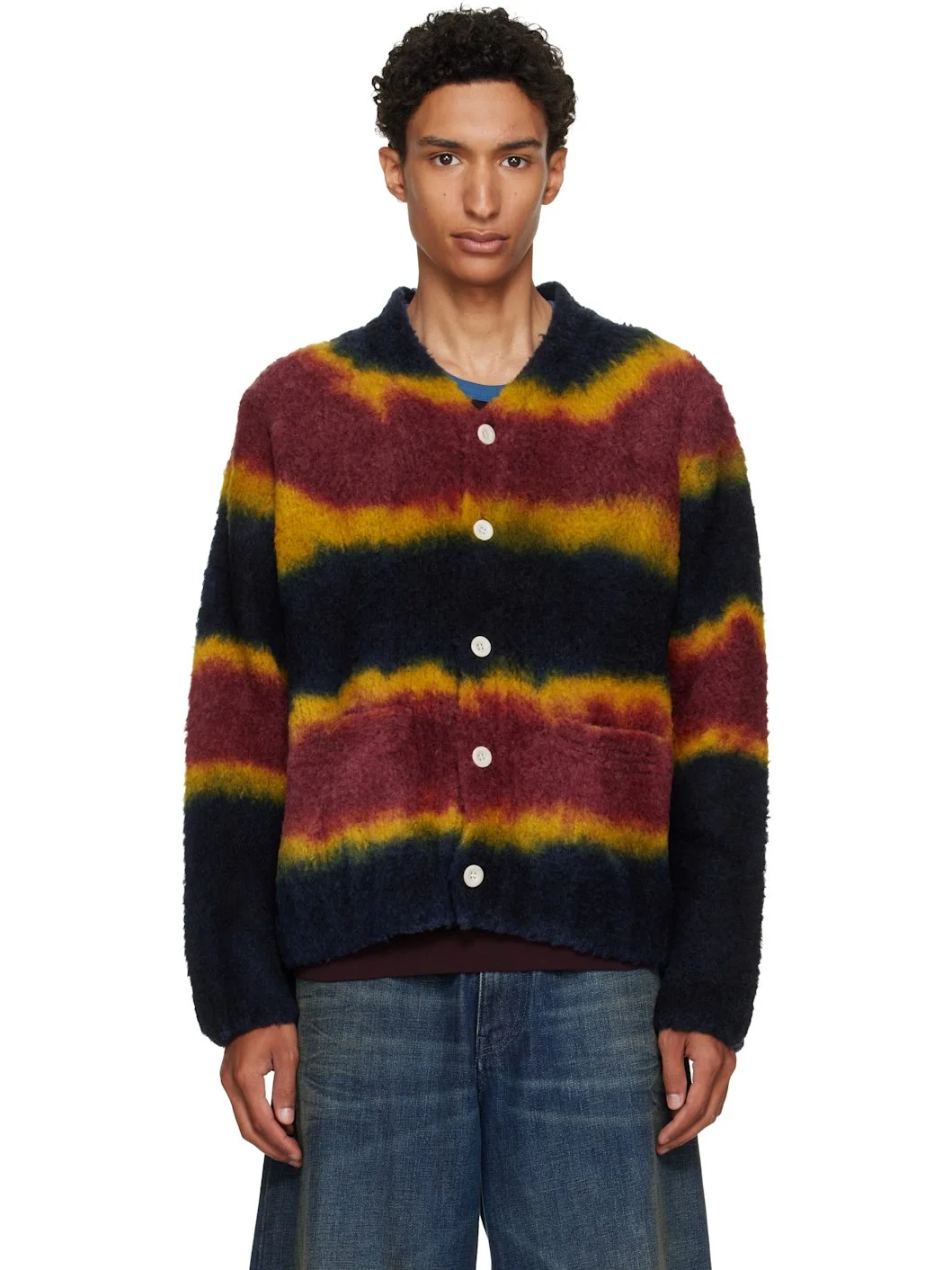 Navy & Burgundy Chusen-Dyed Knit Cardigan - 1
