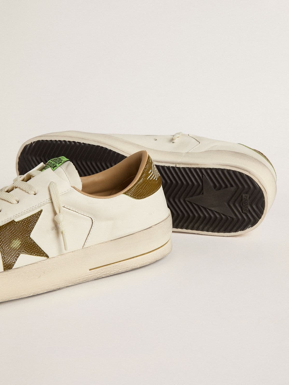 Men's Stardan in white leather with military-green snake-print leather star and heel tab - 3