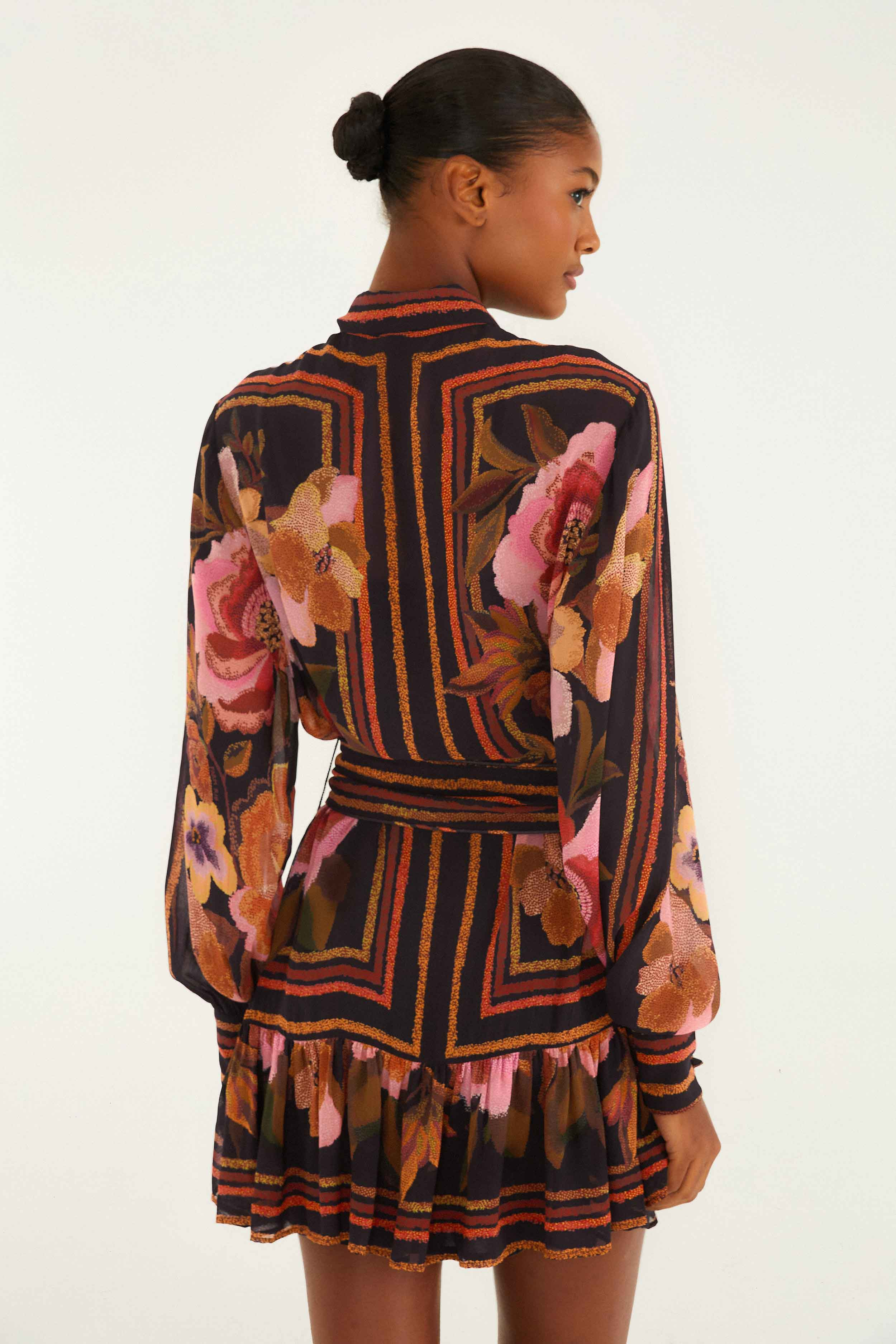 Black Chenille Flowers Belted Long Sleeve Mini Dress - 4