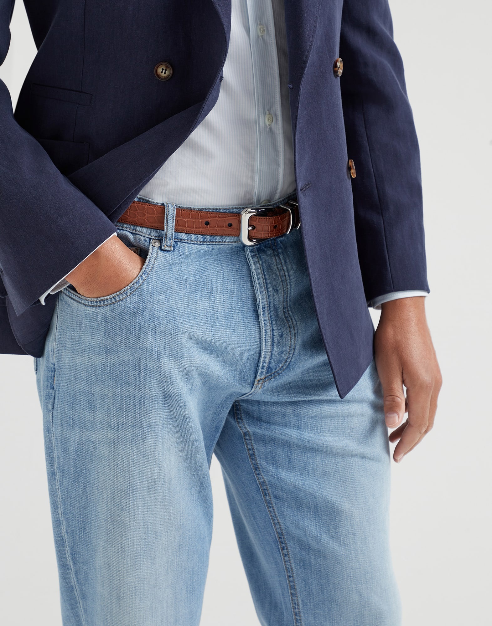 Lightweight denim traditional fit five-pocket trousers - 3