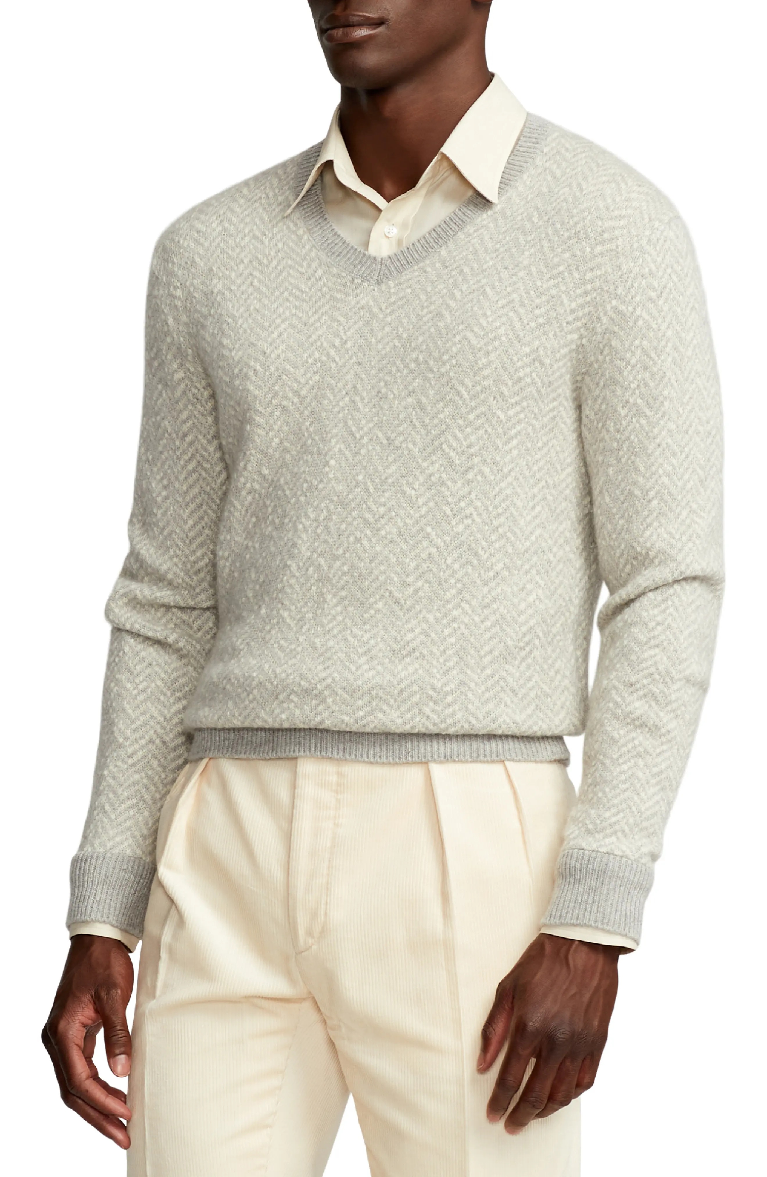 Herringbone Cashmere V-Neck Sweater - 3