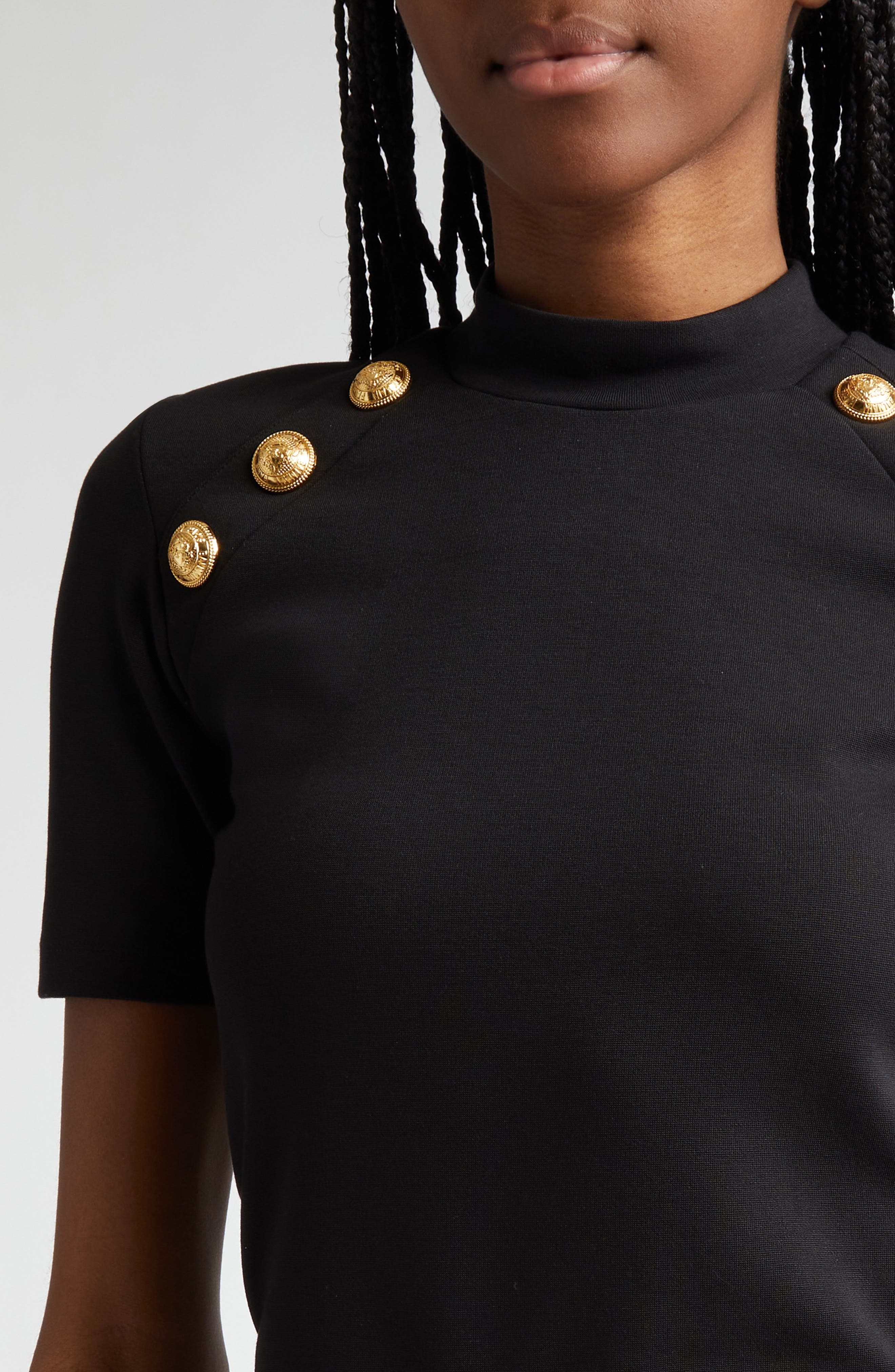 Balmain Six-Button Detail Mock Neck T-Shirt in 0Pa Black at Nordstrom - 4