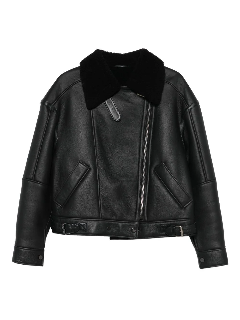 shearling-collared leather jacket - 1