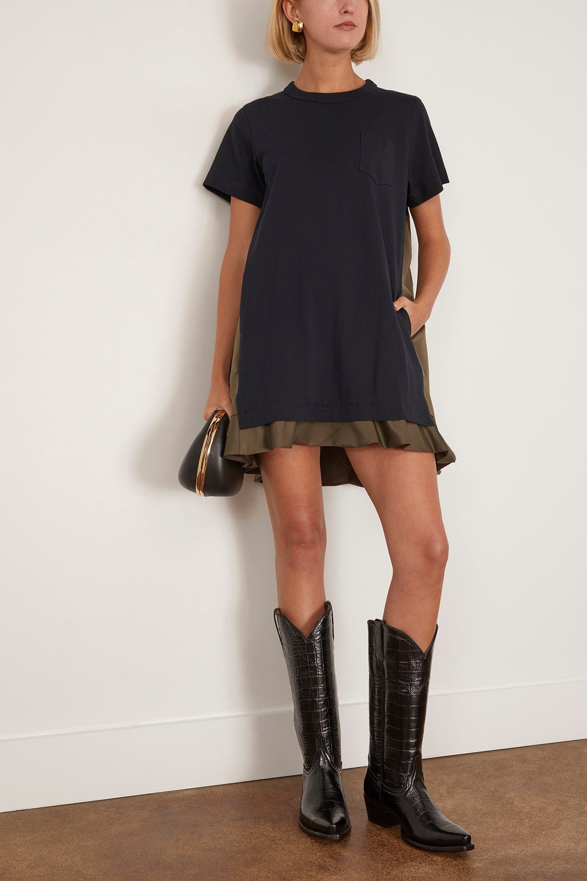 Nylon Twill x Cotton Jersey Dress in Navy/Dark Khaki - 2
