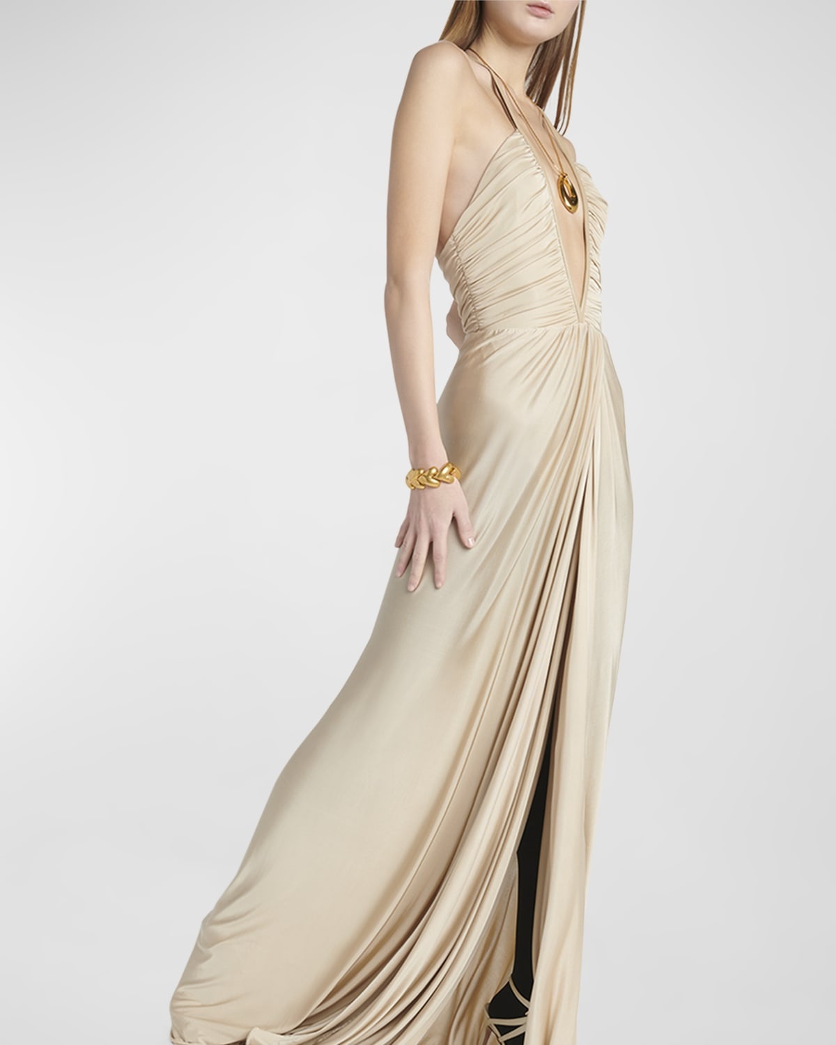 Plunging Ruched Fluid Jersey Slit Gown - 7