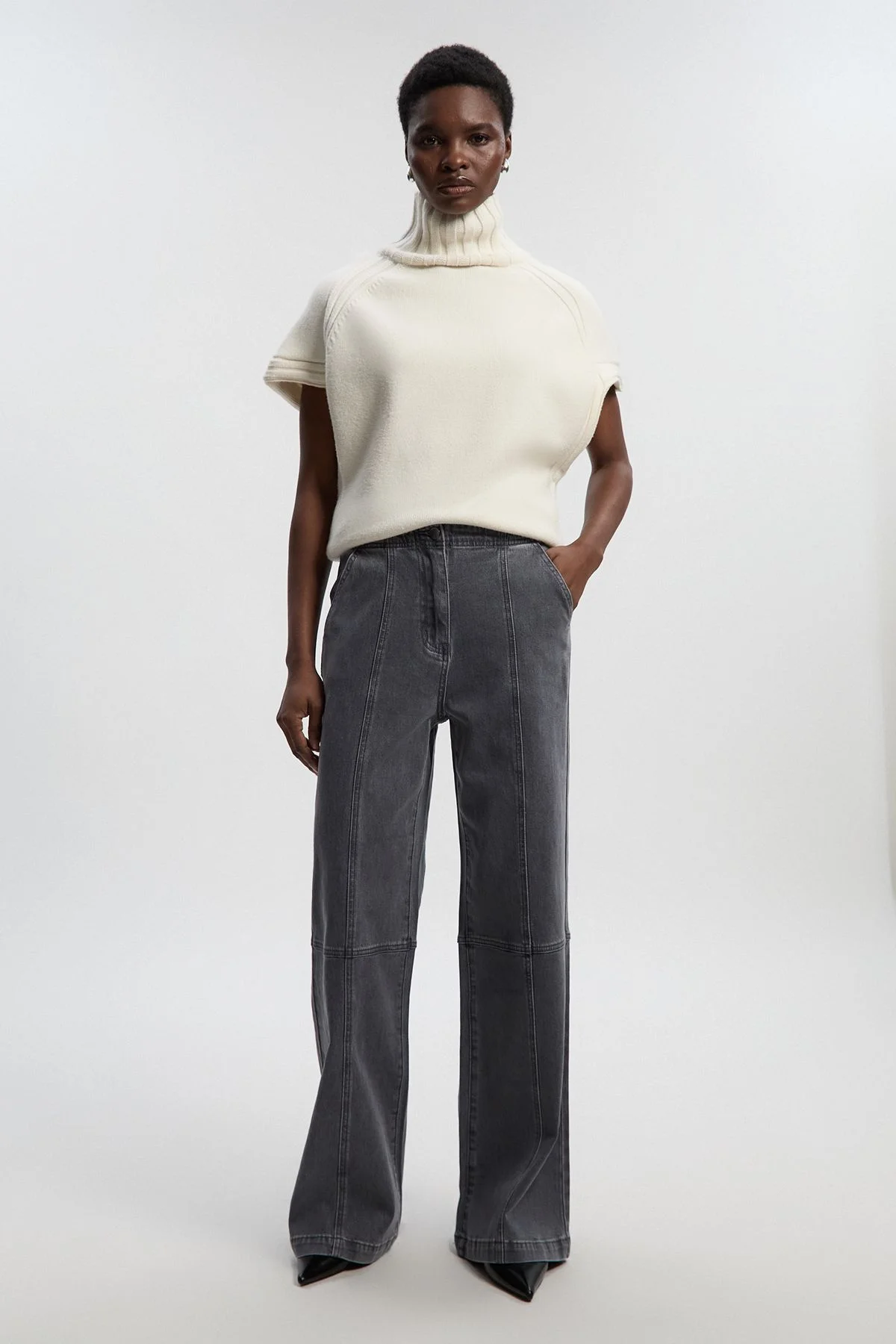 Denim Button Front Straight Leg Trousers - 1