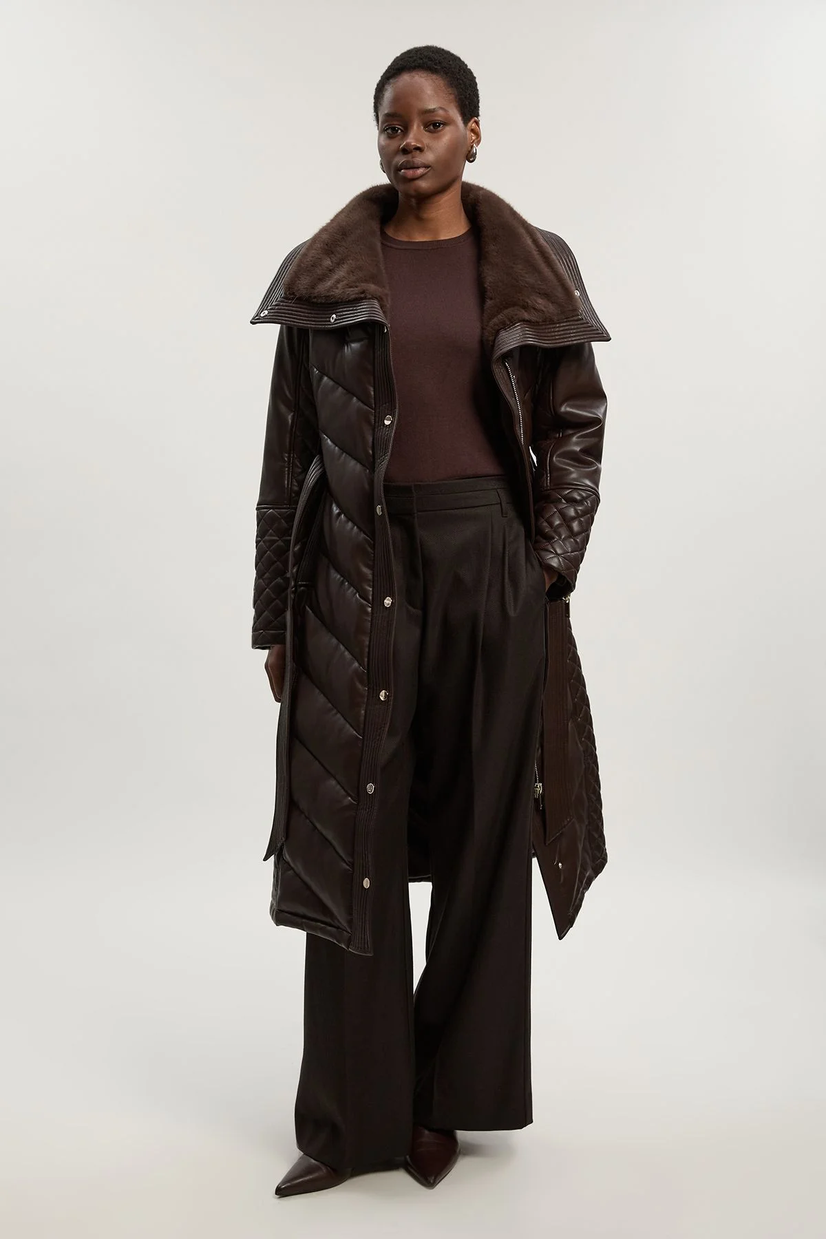 Padded Faux Leather & Faux Fur Mix Midi Coat - 1