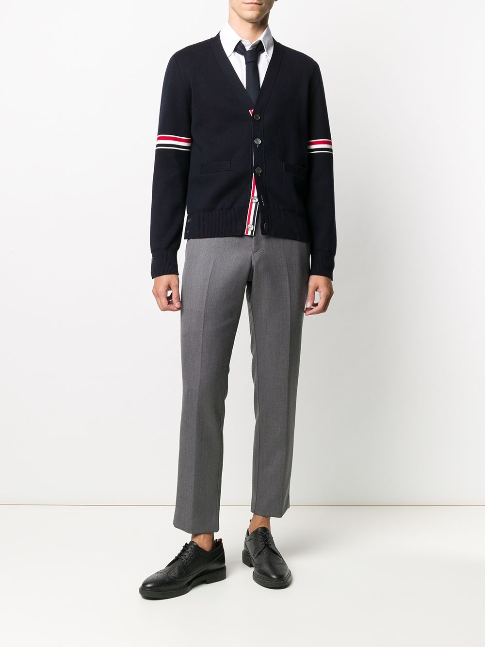 THOM BROWNE - Men Milano Stitch RWB Stripes Cotton V-Neck Cardigan - 1