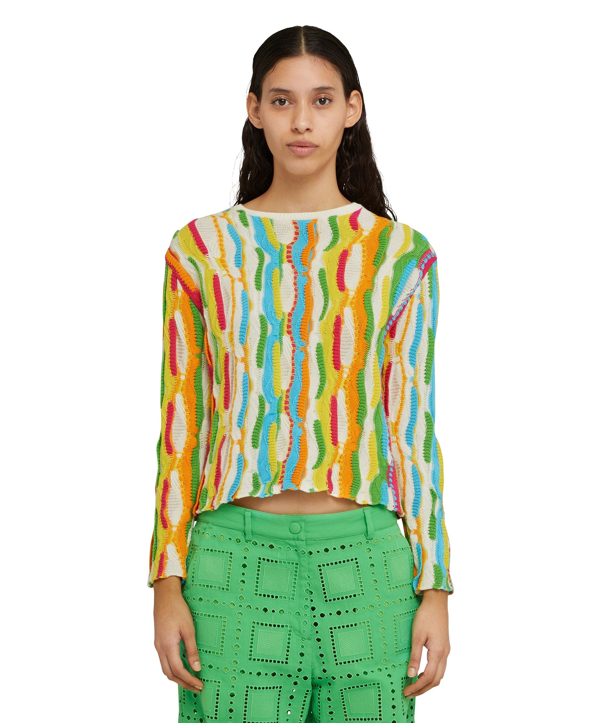Cotton knit crewneck sweater with multicolor ruffles - 4
