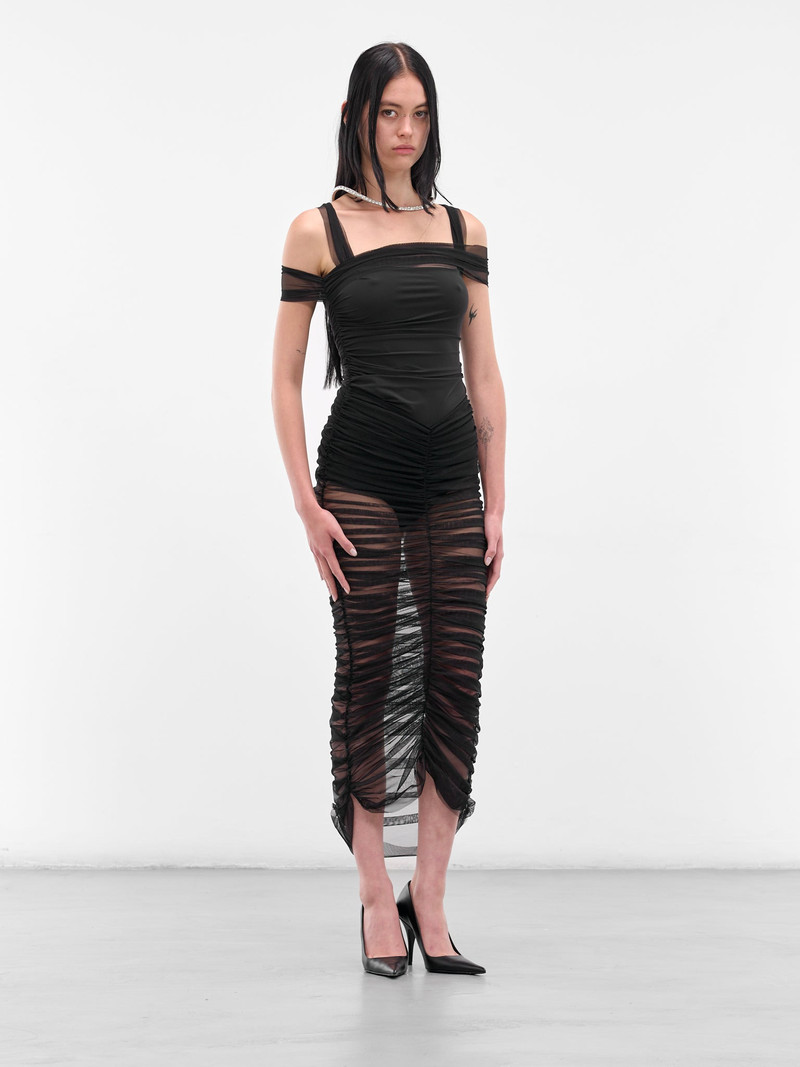 NENSI DOJAKA Black Draped Shoulder Ruched Bodysuit outlook