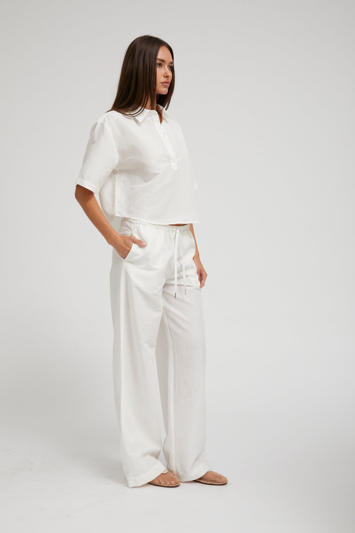 WHITE LINEN CROPPED OVERSIZED HENLEY SHIRT - 4
