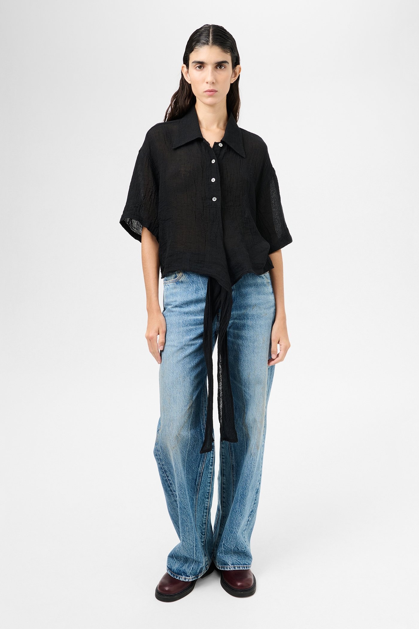 Nannas Shirt Shortsleeve Black Sparse Crepe Weave - 5