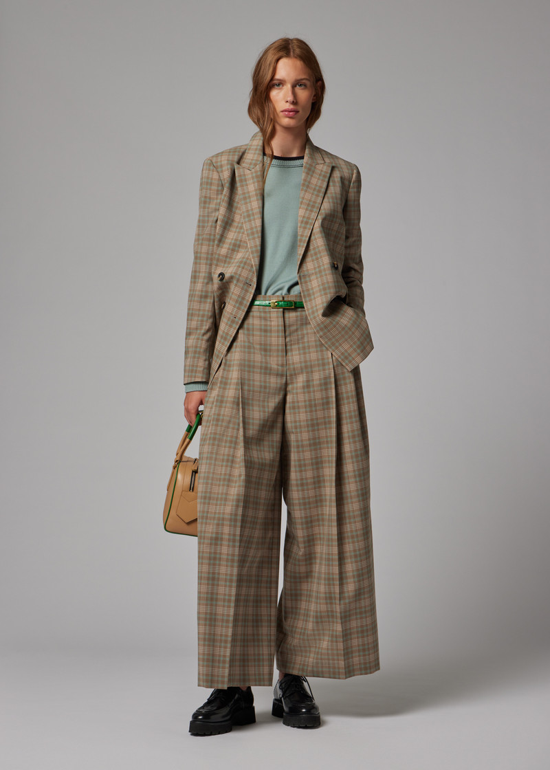 Women's Cream and Blue Check Double-Breasted Blazer 5