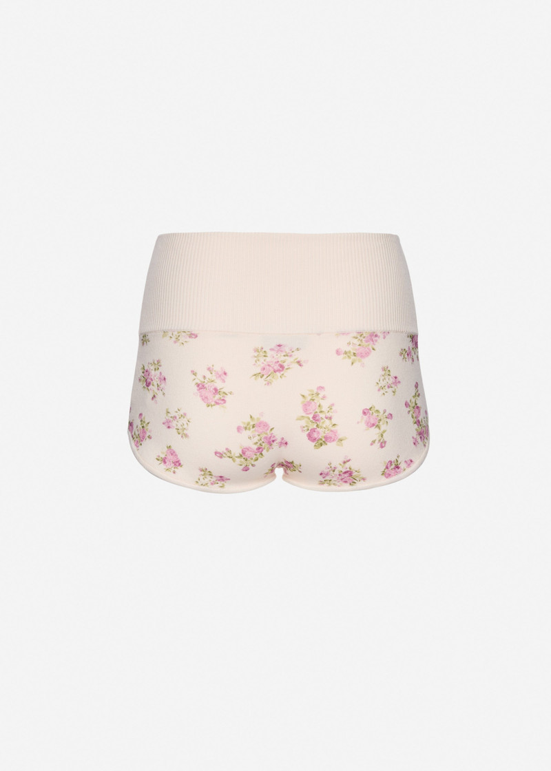 High-waisted cotton knit shorts in cream floral print 2
