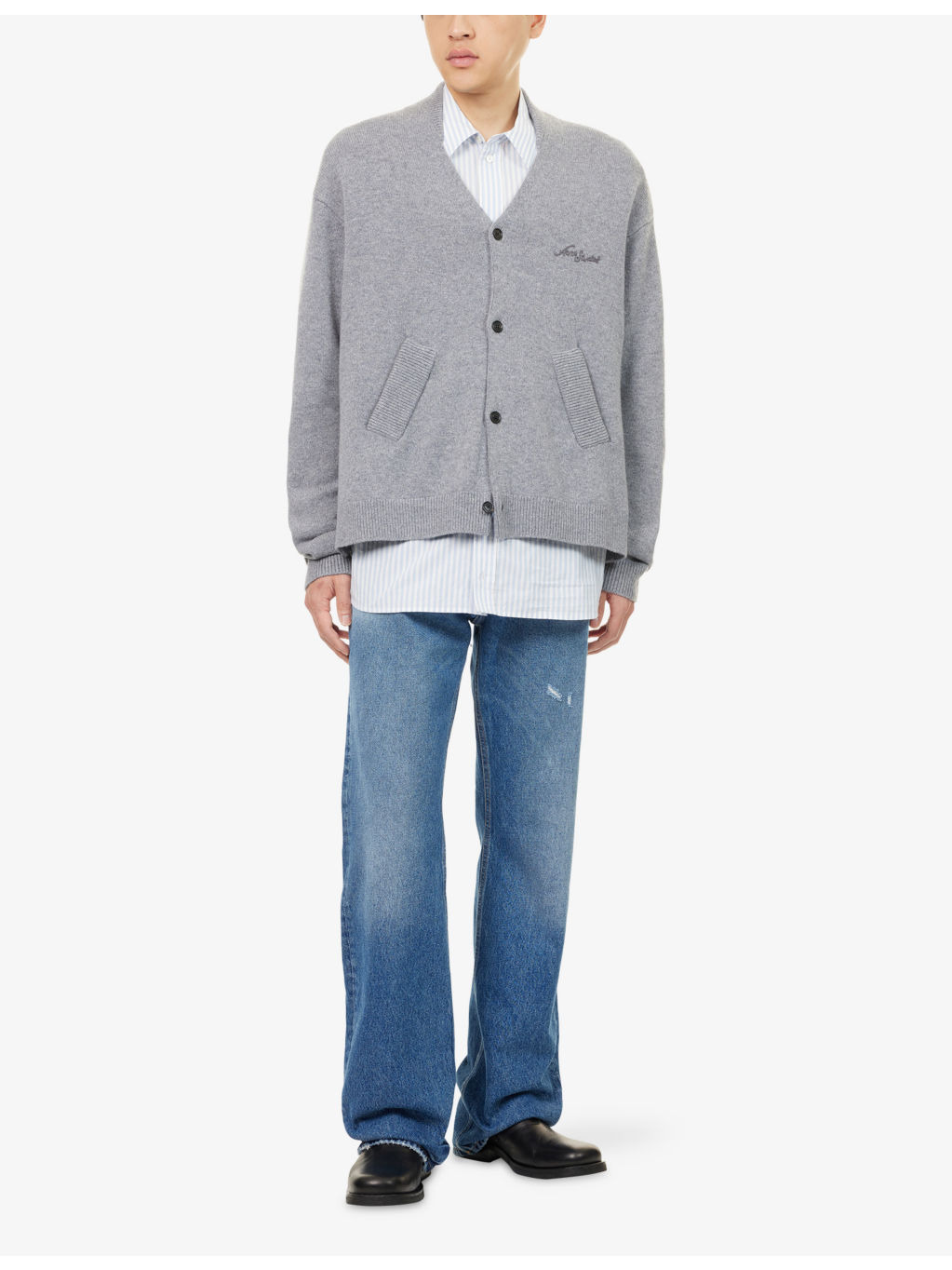 V-Neck Embroidered-Logo Wool Cardigan - 2