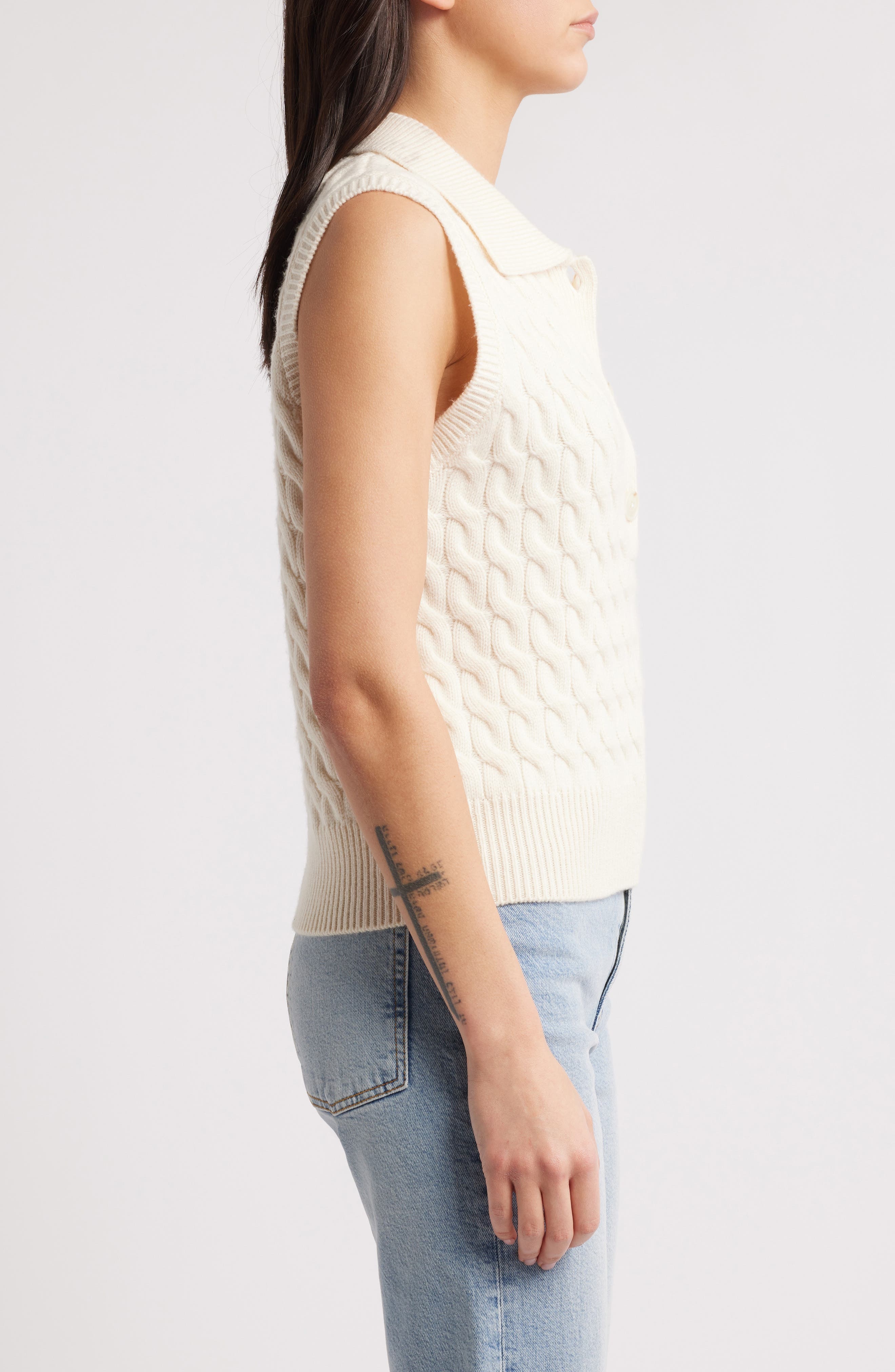 FRAME Cable Wool Sleeveless Polo Sweater in Cream at Nordstrom - 3