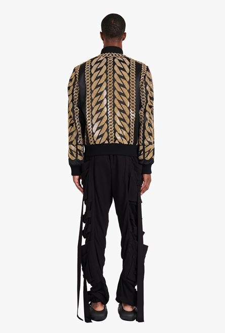 Black silk bomber jacket with gold-tone chain embroidery - 3