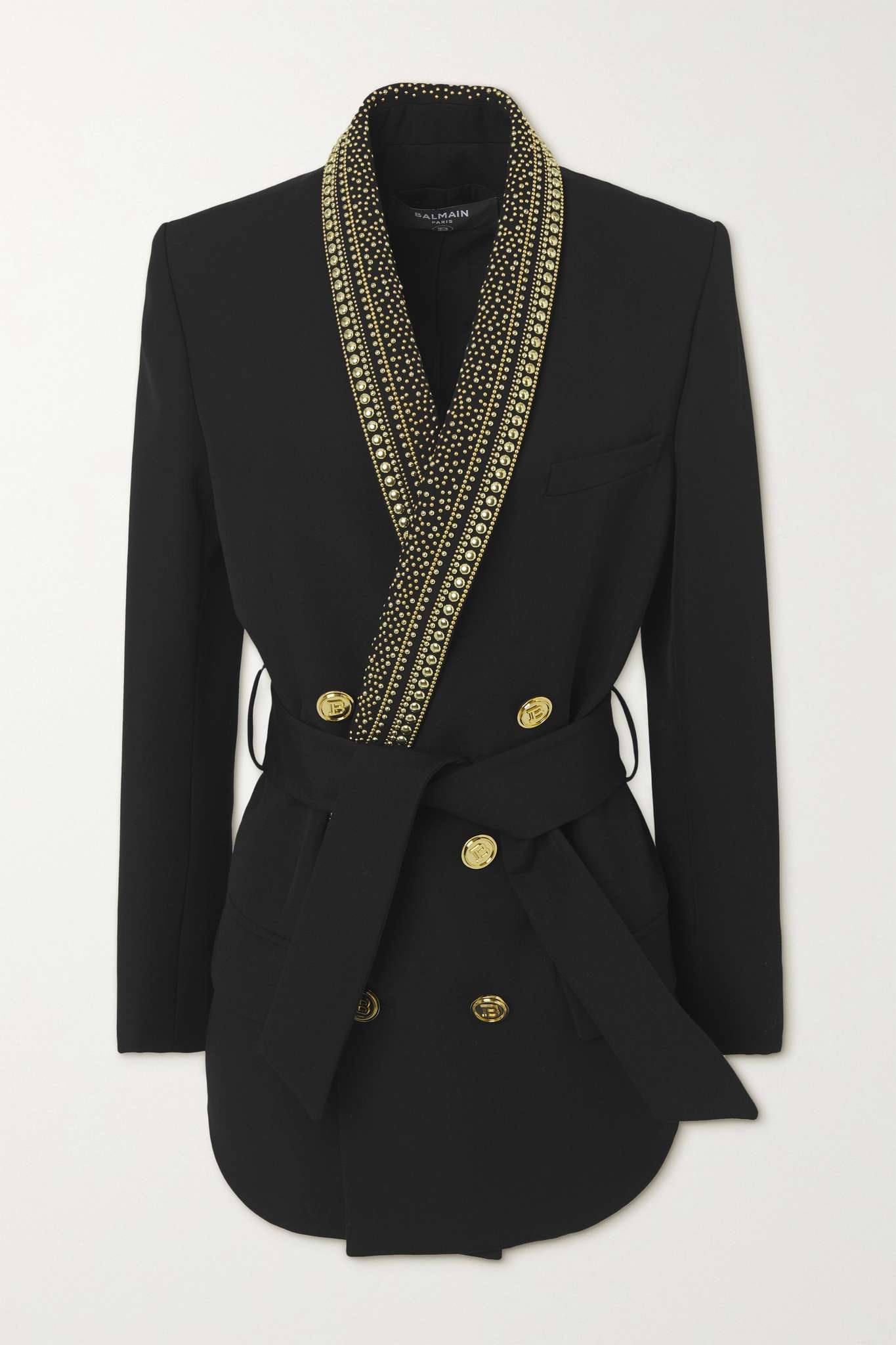 Belted studded double-breasted grain de poudre wool blazer - 1