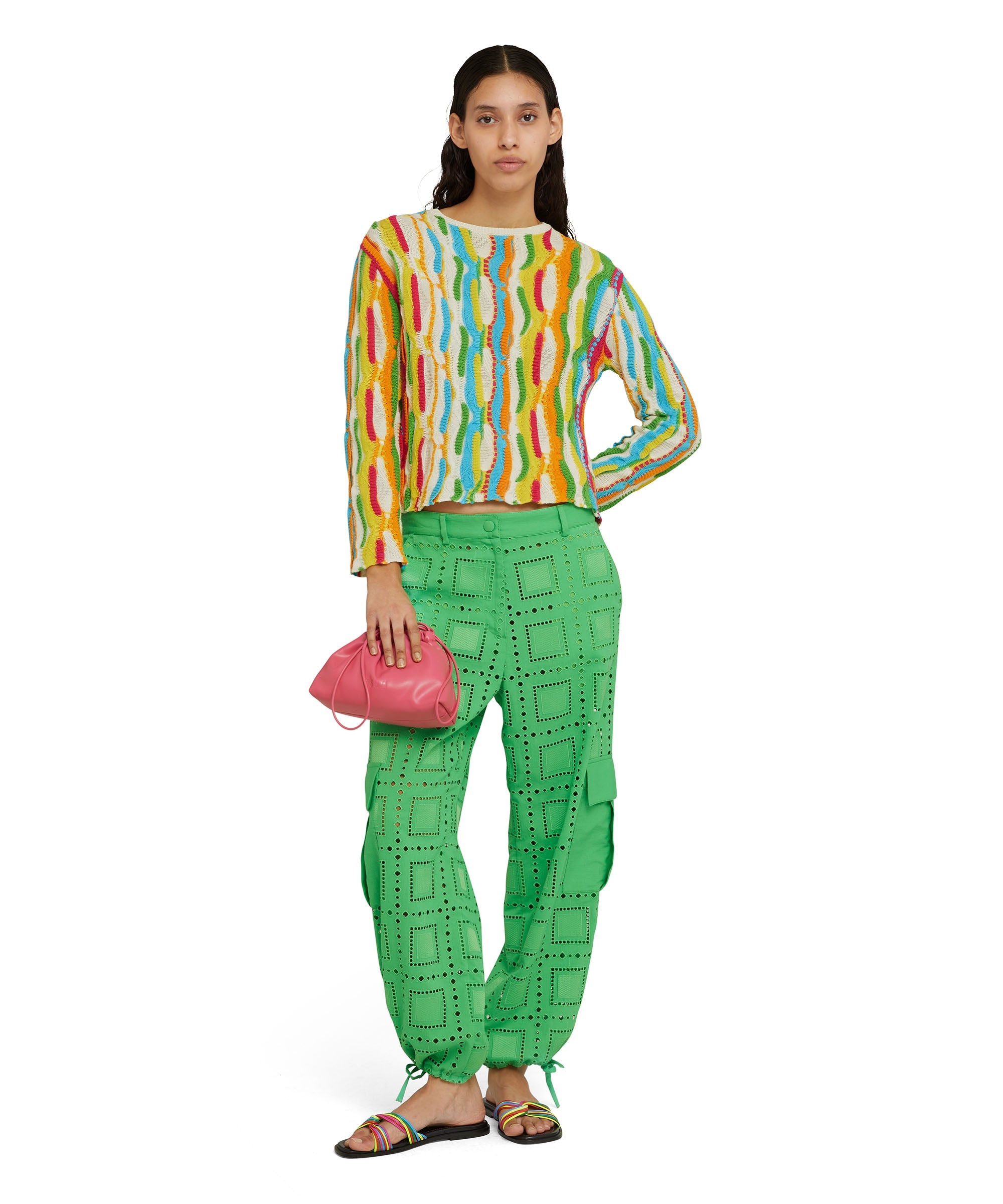 Cotton knit crewneck sweater with multicolor ruffles - 1