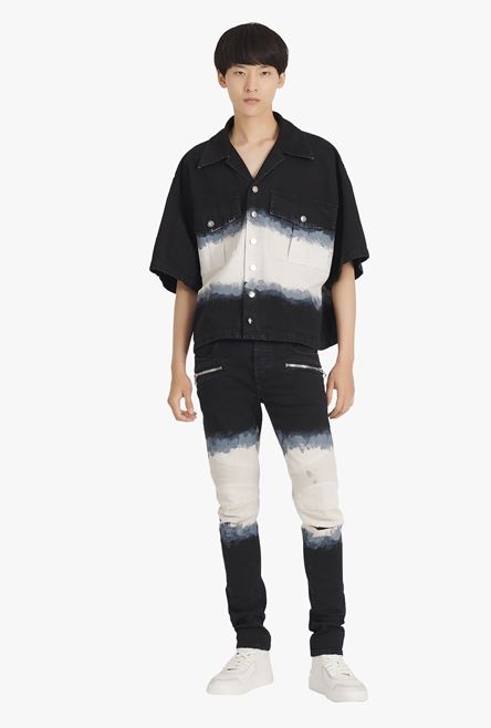 Slim cut black and white tie-dye ribbed cotton jeans - 2