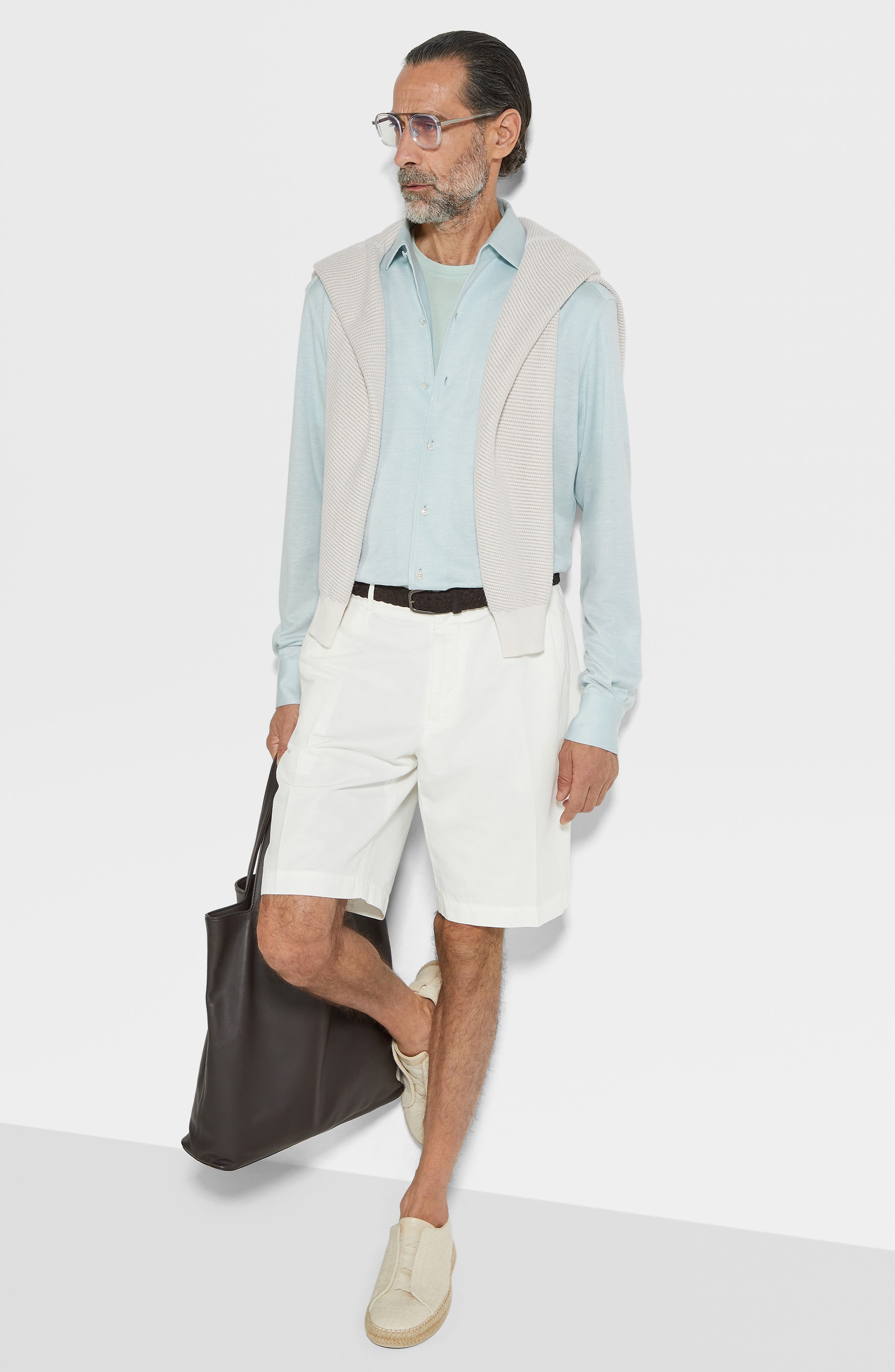 ZEGNA Crossover Silk, Linen & Cotton Button-Up Shirt in Bright Blue Solid at Nordstrom - 5