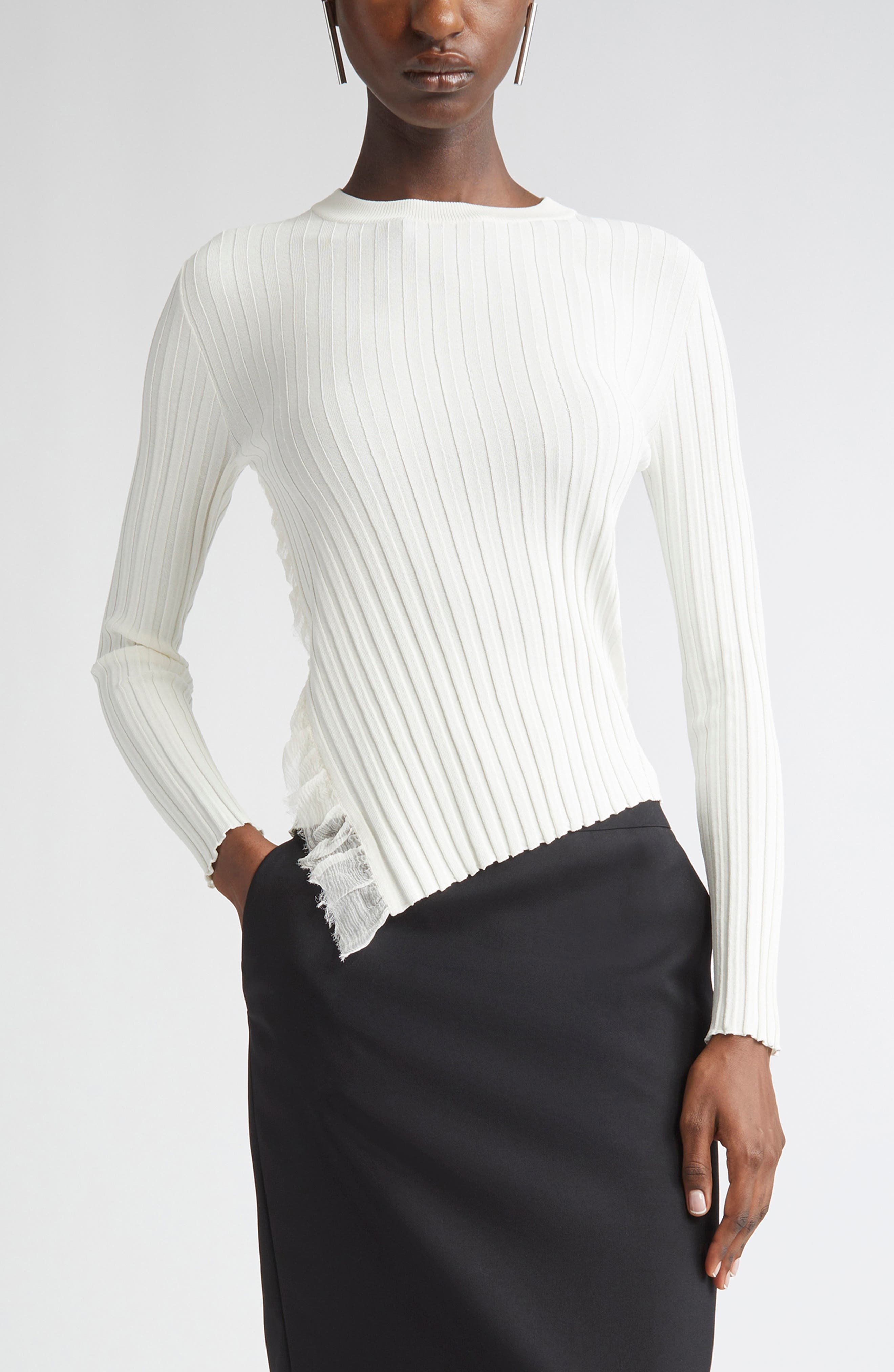 McQueen Asymmetric Ruffle Detail Rib Sweater in Ivory at Nordstrom - 1