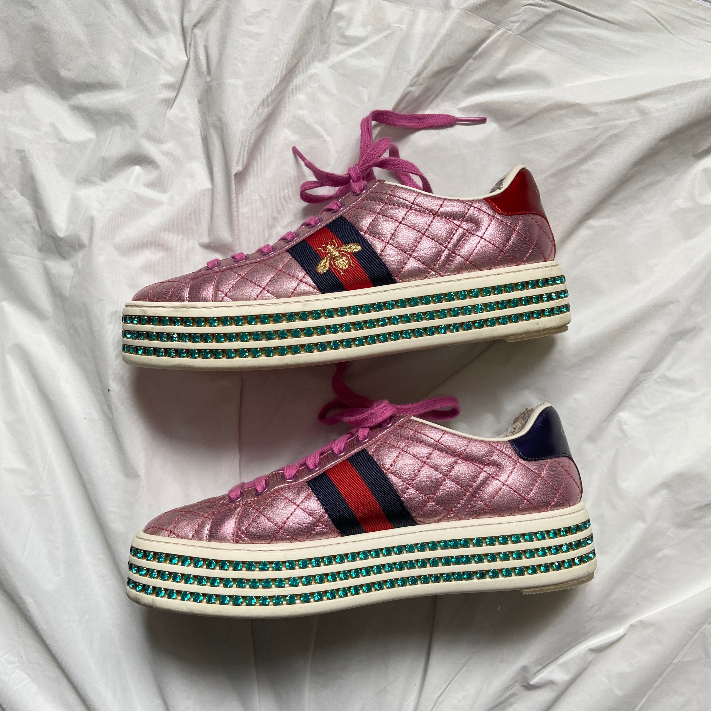 Gucci Swarovski crystal embellished pink platform ace sneaker 37.5 - 3