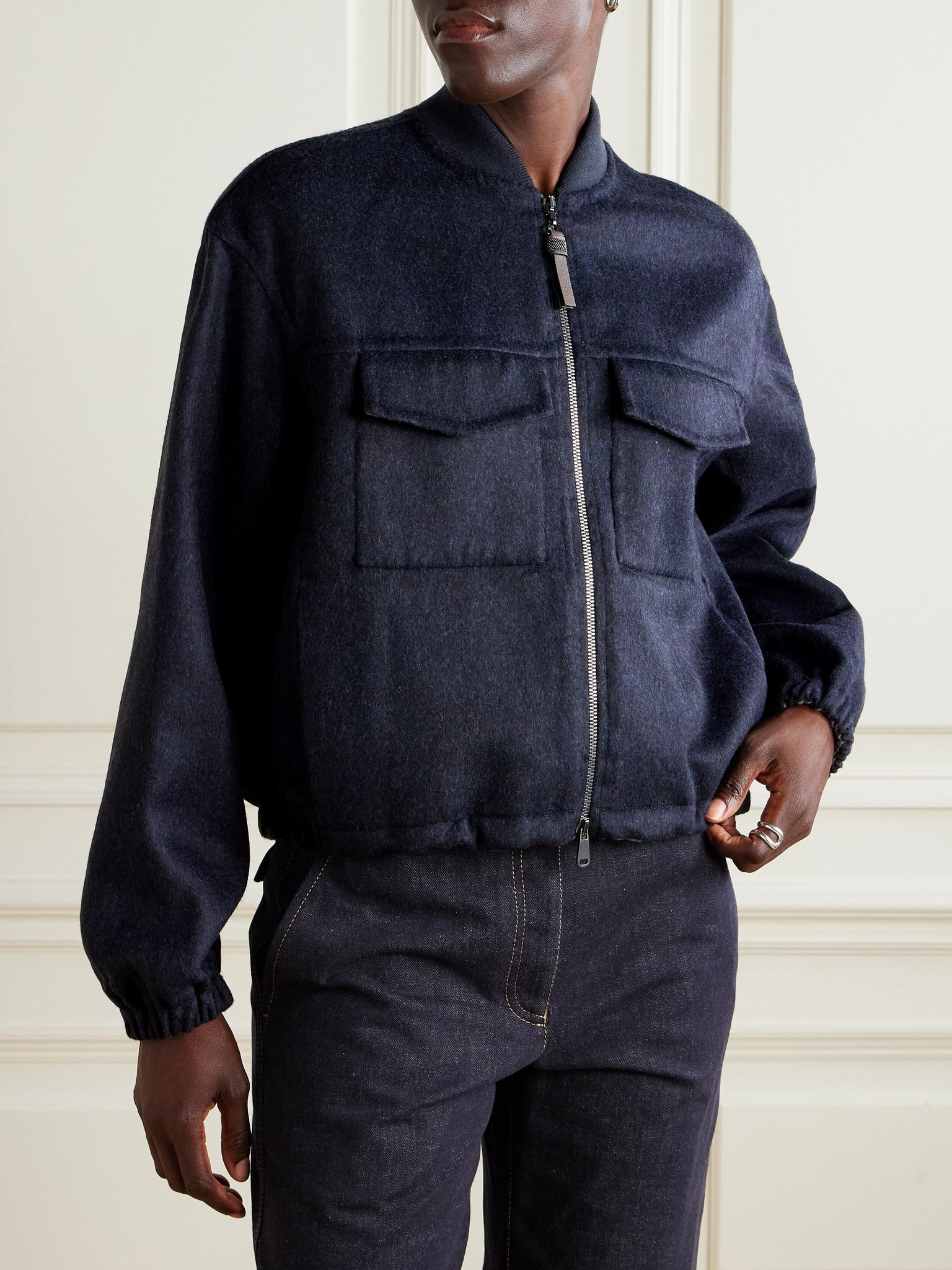 Bead-embellished leather-trimmed wool bomber jacket Navy - 3