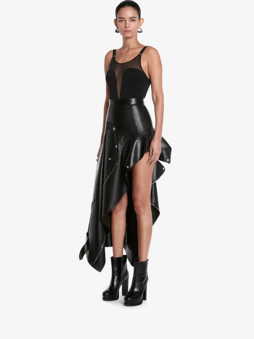 Women's Asymmetric Drape Biker Leather Skirt in Black - 5