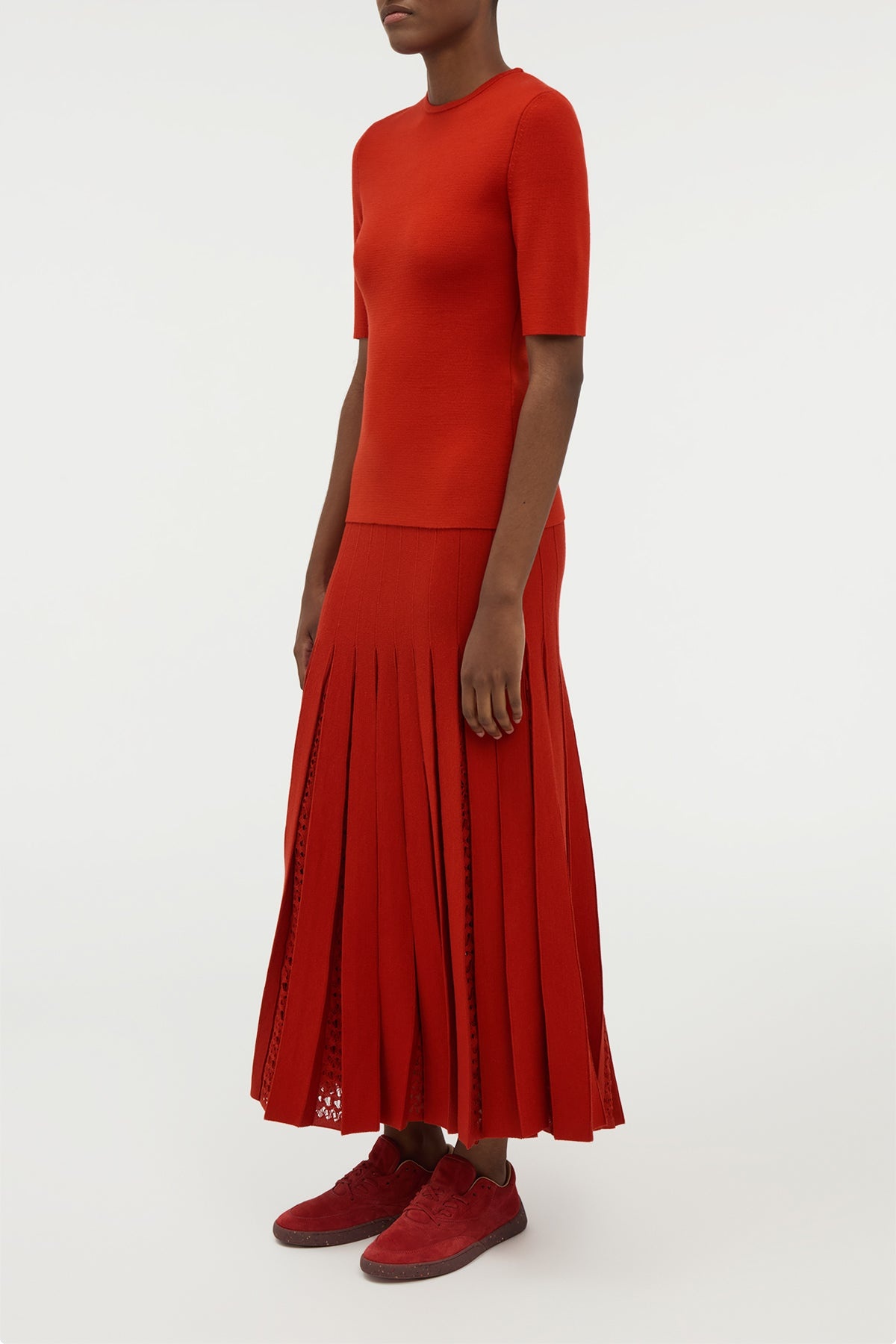 Debutante Knit Pleated Maxi Skirt in Antelope Orange Merino Wool - 3