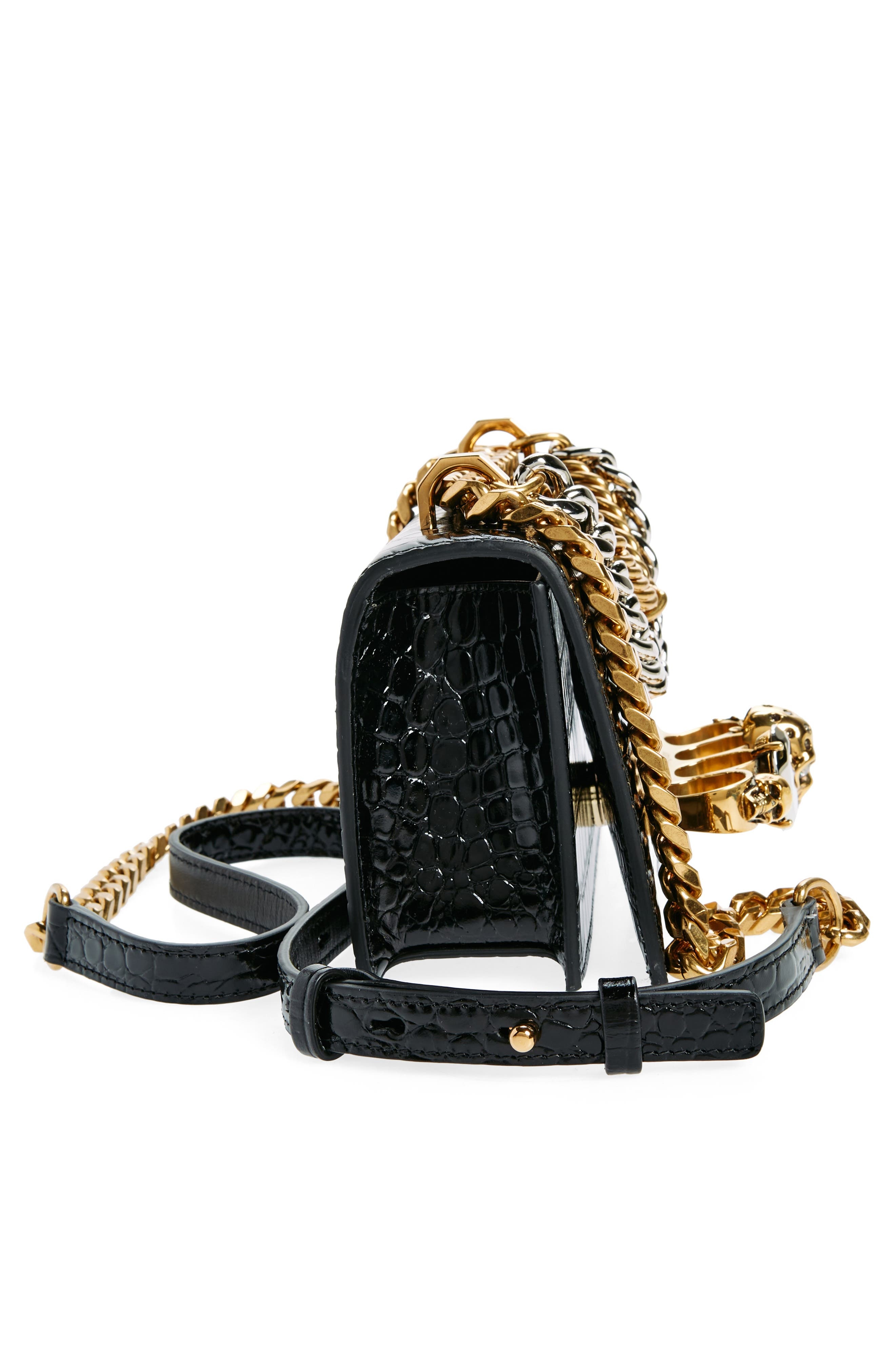 Alexander McQueen Mini Jeweled Croc Embossed Leather Satchel in Black at Nordstrom - 6