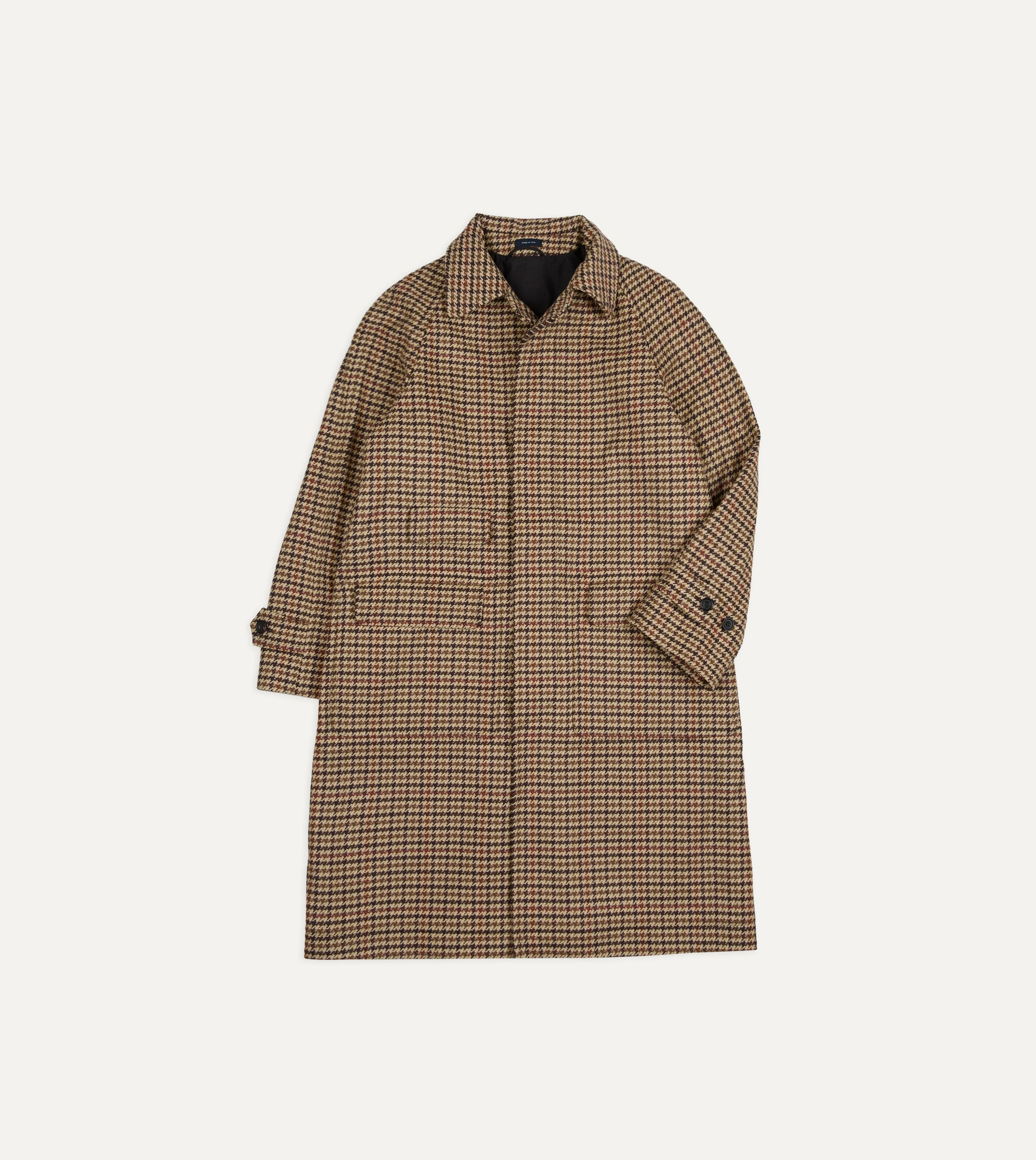 Brown Houndstooth Check Wool Raglan Coat - 1