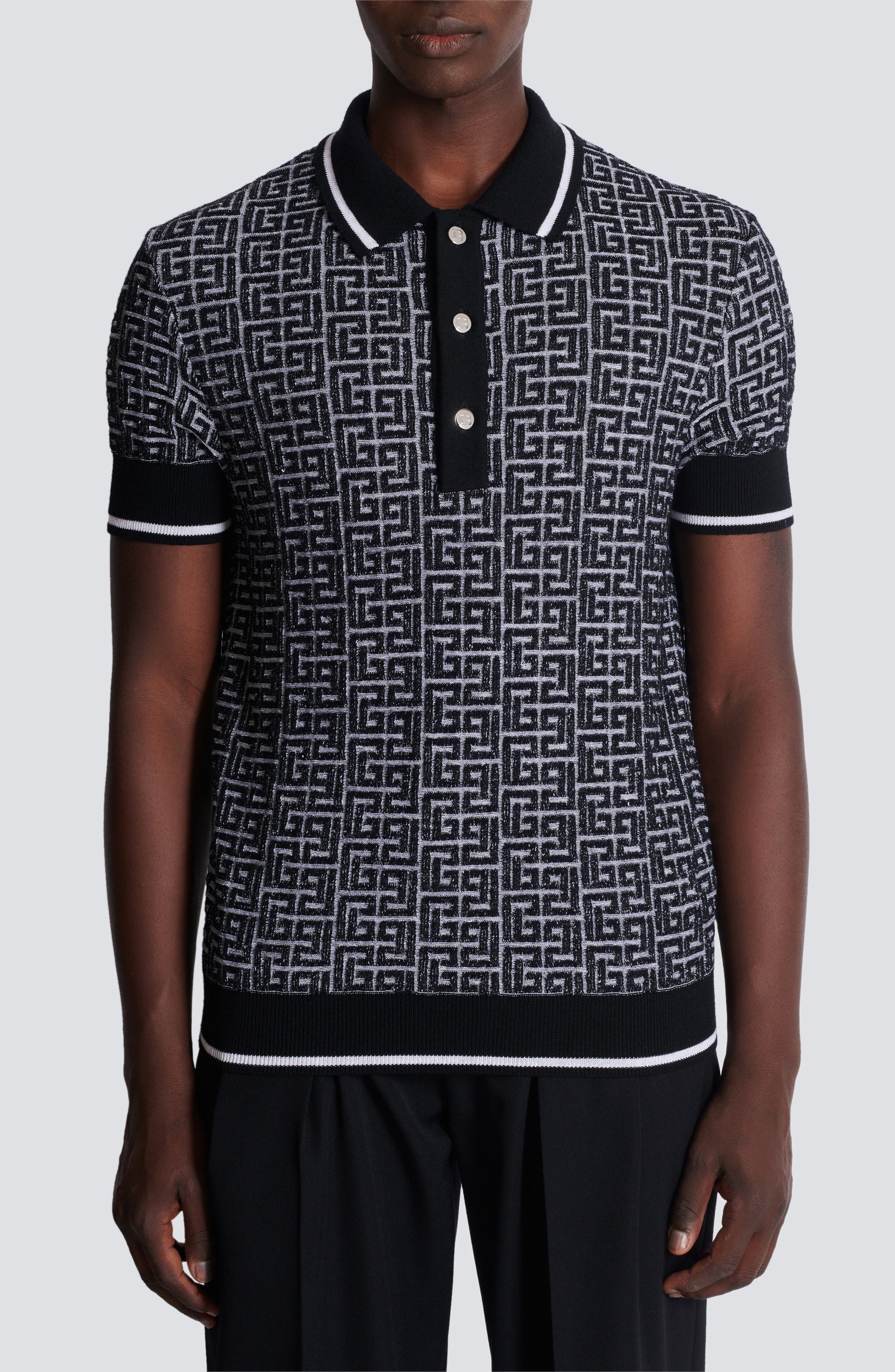 Balmain Monogram Jacquard Merino Wool Polo Sweater in Gab White/Black at Nordstrom - 1