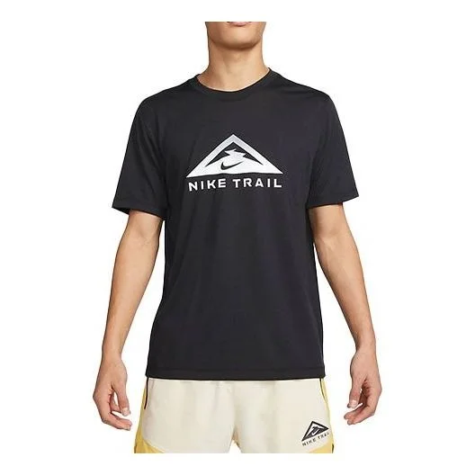 Men's Nike Dri-FIT Alphabet Pattern Printing Quick Dry Trail Running Sports Short Sleeve Black T-Shi - 1