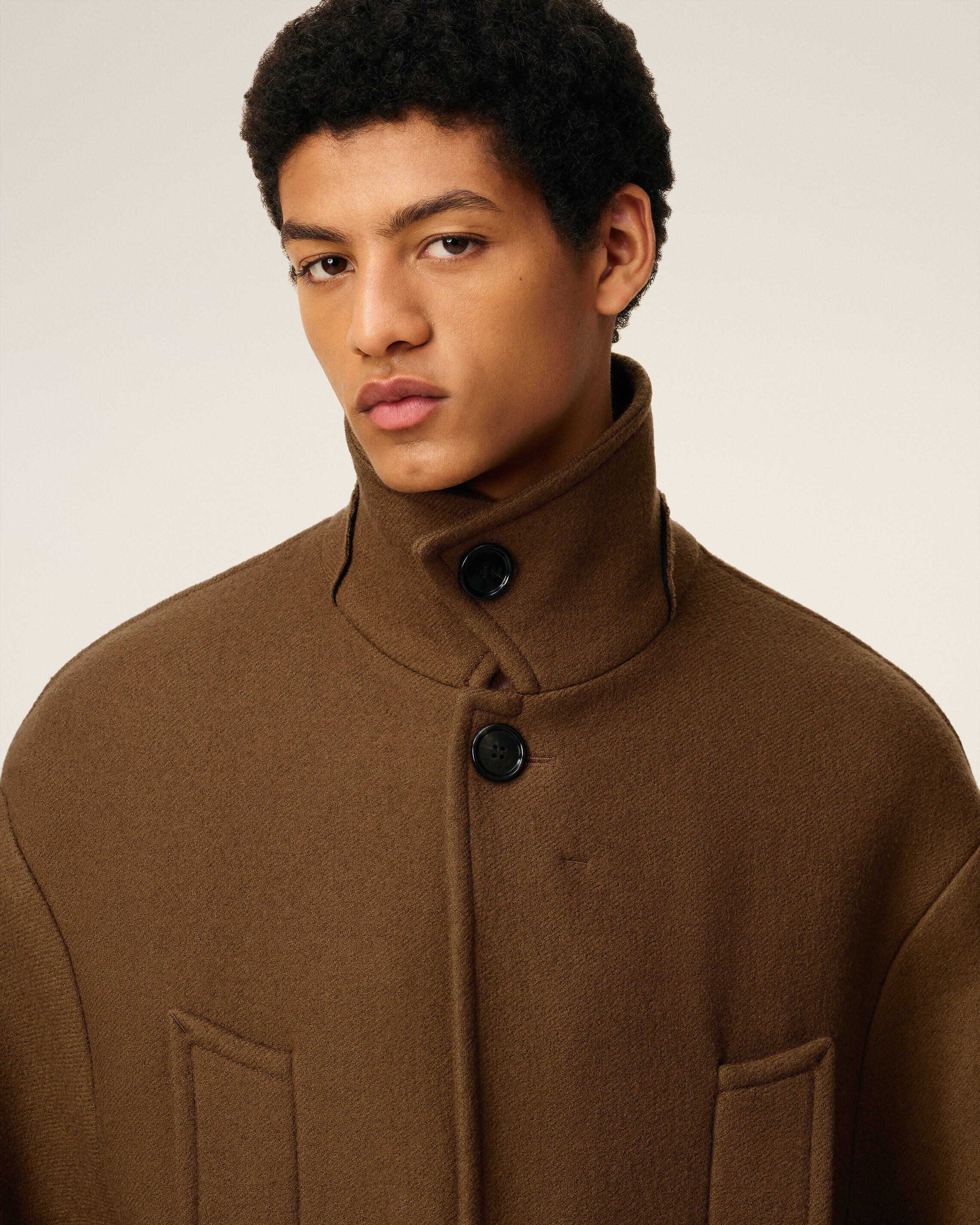 BROWN WOOL OVERSIZED HIGH COLLAR PEA COAT - 4