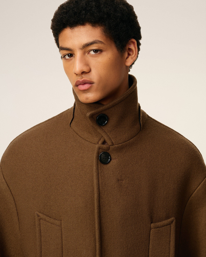 BROWN WOOL OVERSIZED HIGH COLLAR PEA COAT 4