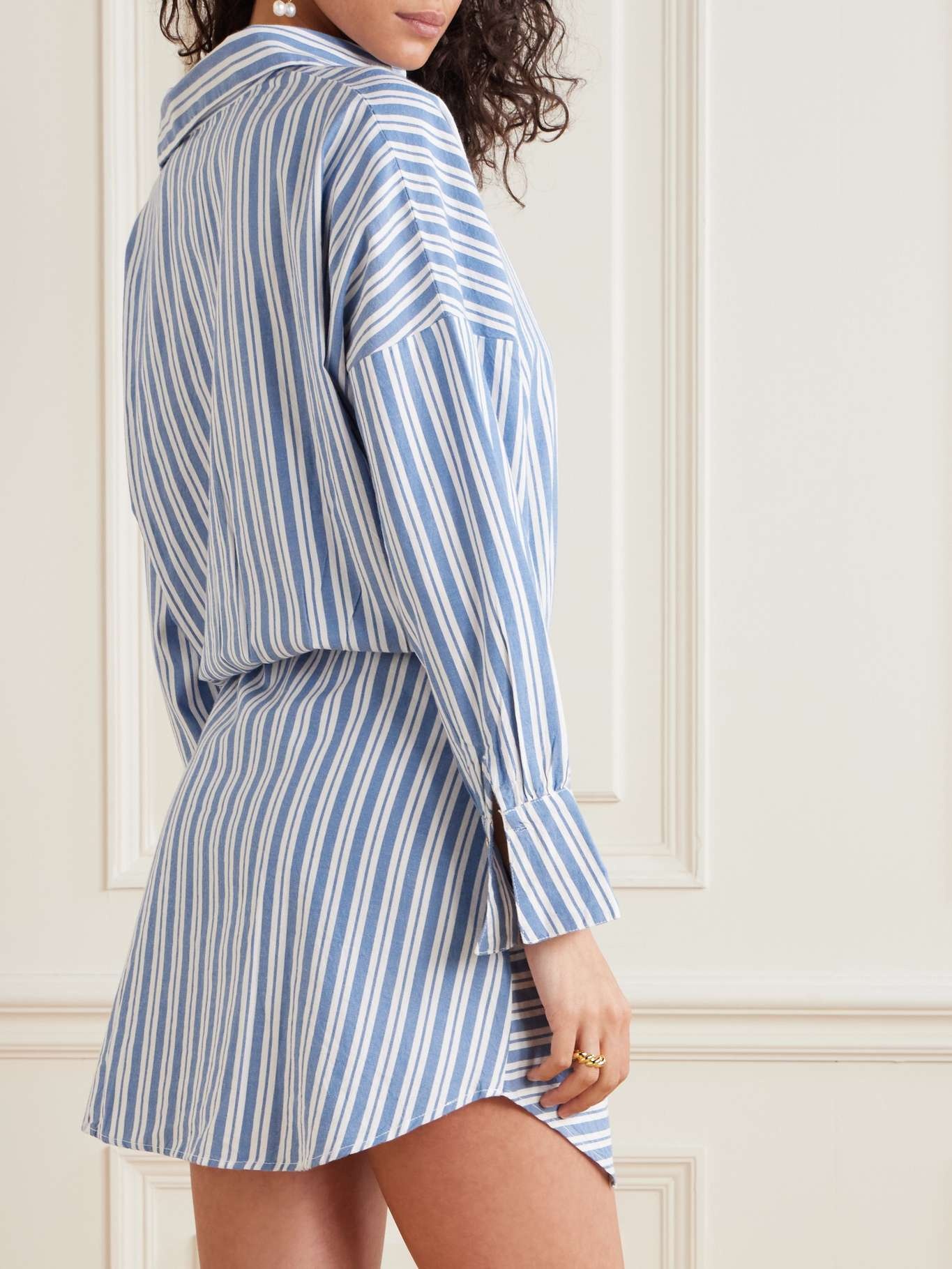 Sara tie-detailed striped cotton mini shirt dress Blue - 3