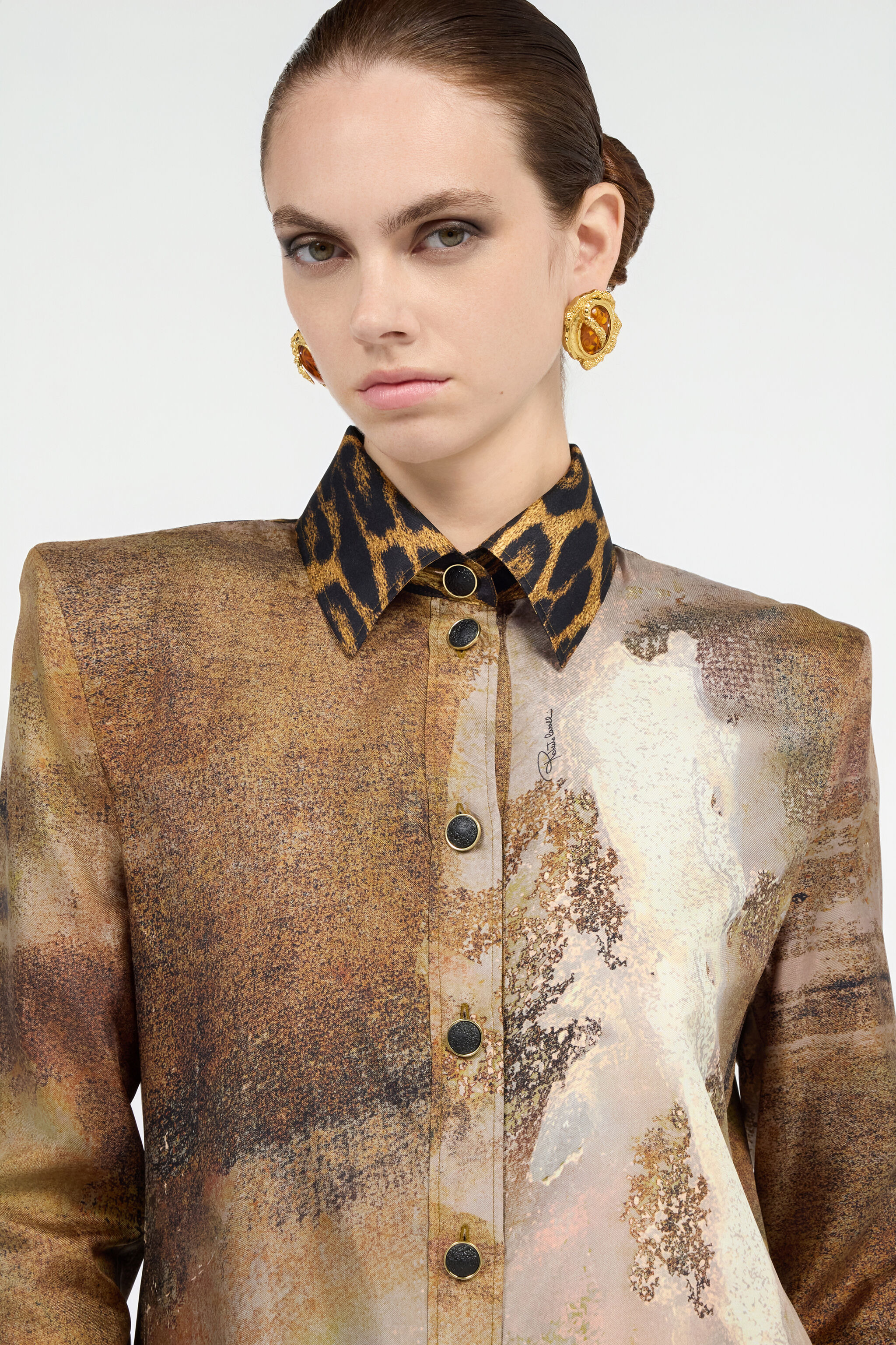 Beige Silk Shirt Dress with Marble Print - 6