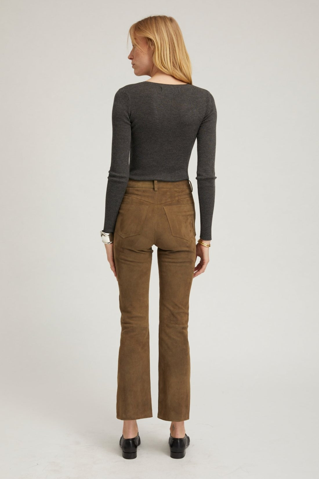 OLIVE SUEDE 5 POCKET ANKLE FLARE PANTS - 3