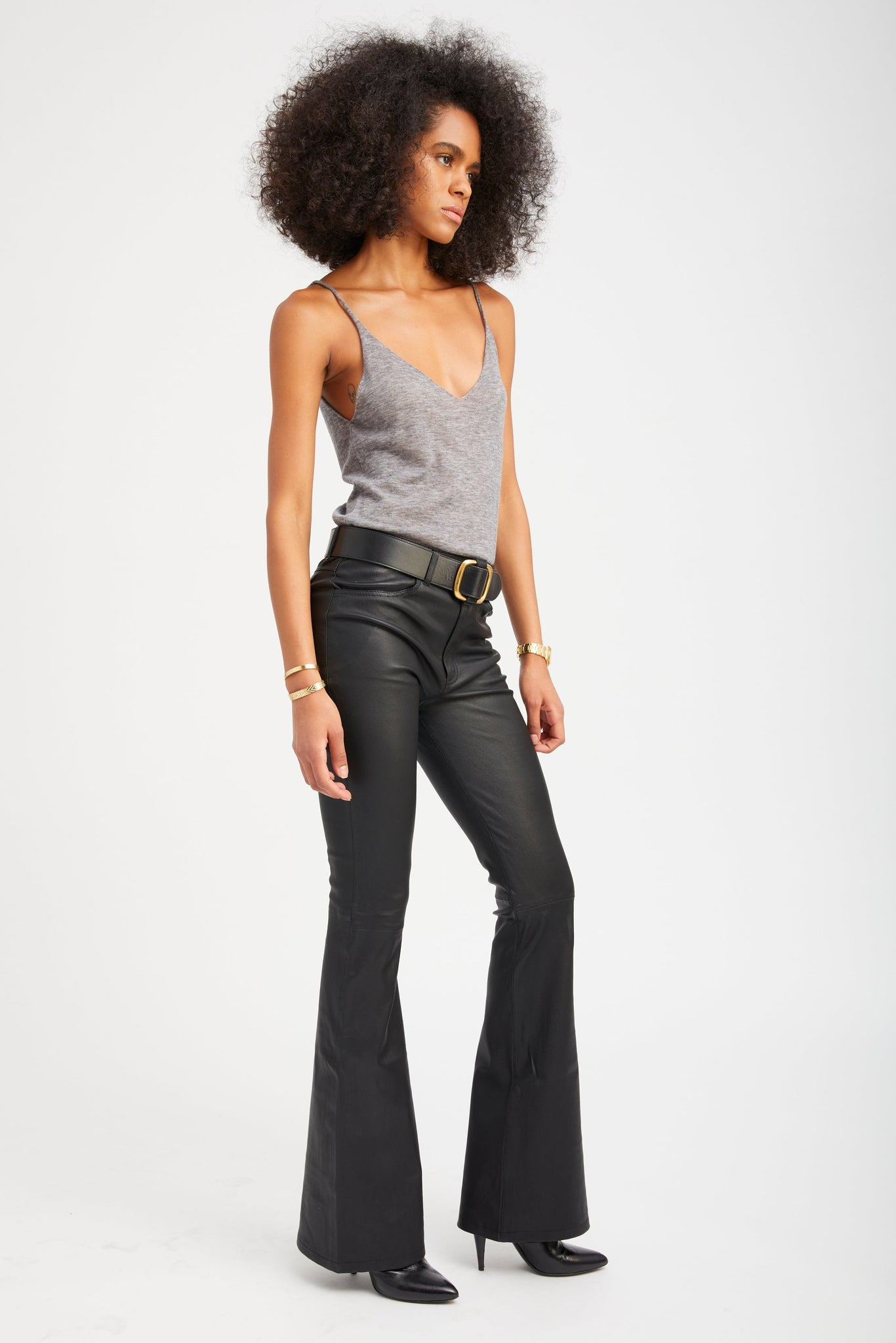 BLACK LEATHER 5 POCKET MICRO FLARE PANTS - 3