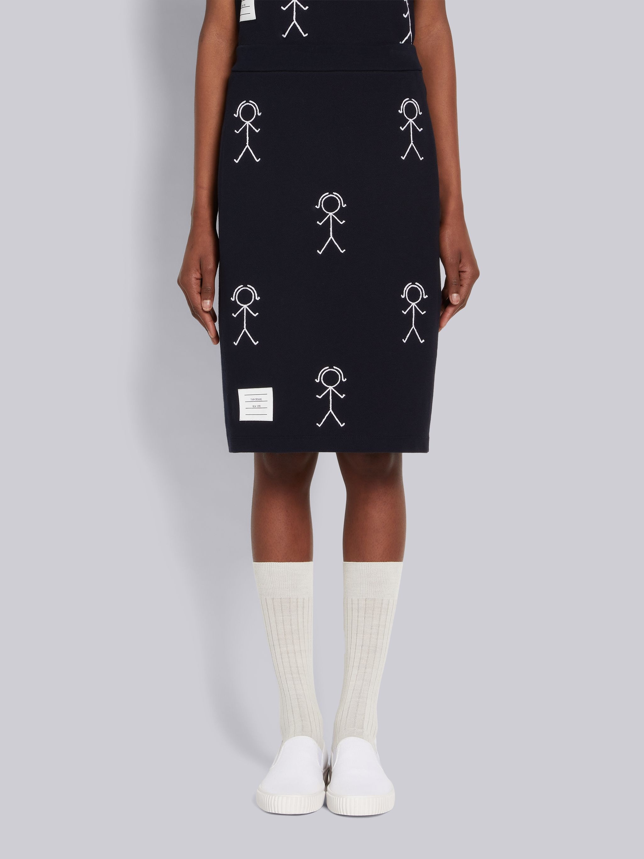 Navy Classic Pique Chain Stitch 4-Bar & Mrs. Thom Embroidery Knee Length Skirt - 1