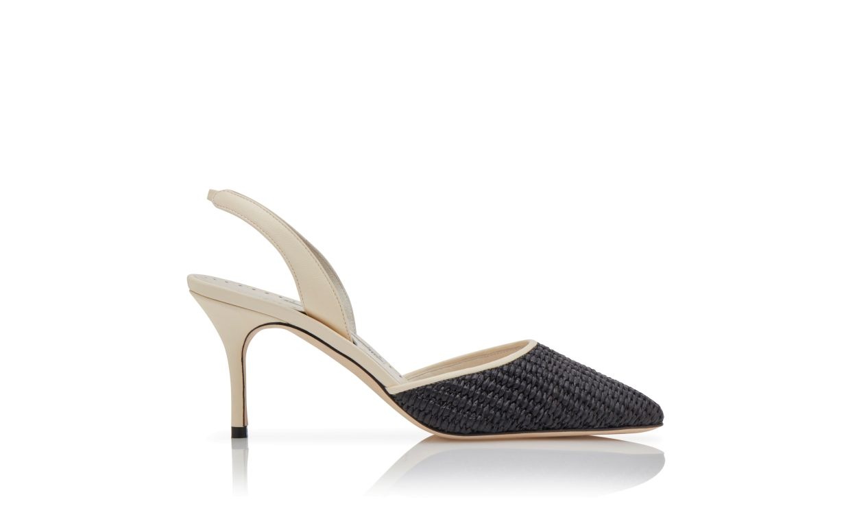 Cream and Black Raffia Slingback Pumps - 1