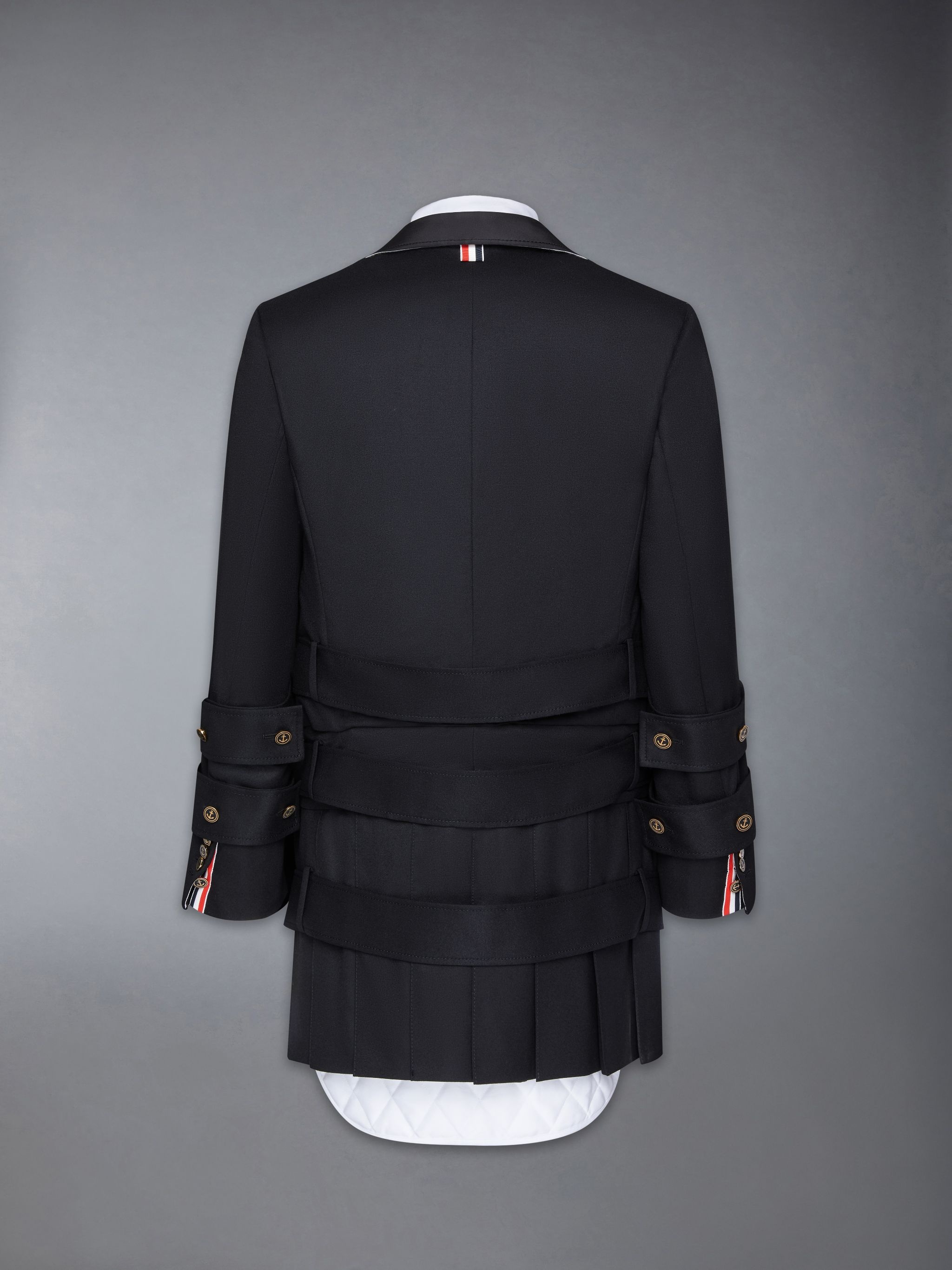 Wool Flannel All in One Modular Bal Collar Overcoat With Mini Pleated Skirt and Silk Faille Lapel - 8