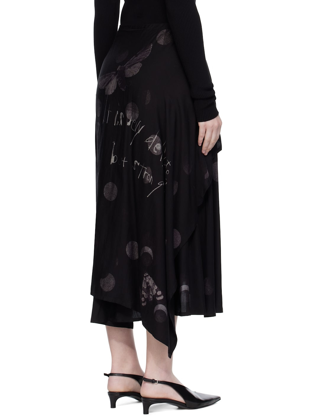 Black Butterfly-Print Twill Midi Skirt - 3