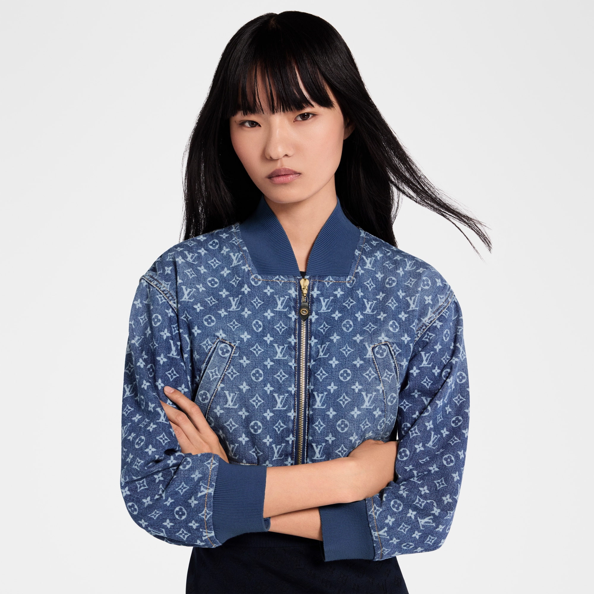 Cropped Monogram Denim Bomber Jacket - 4