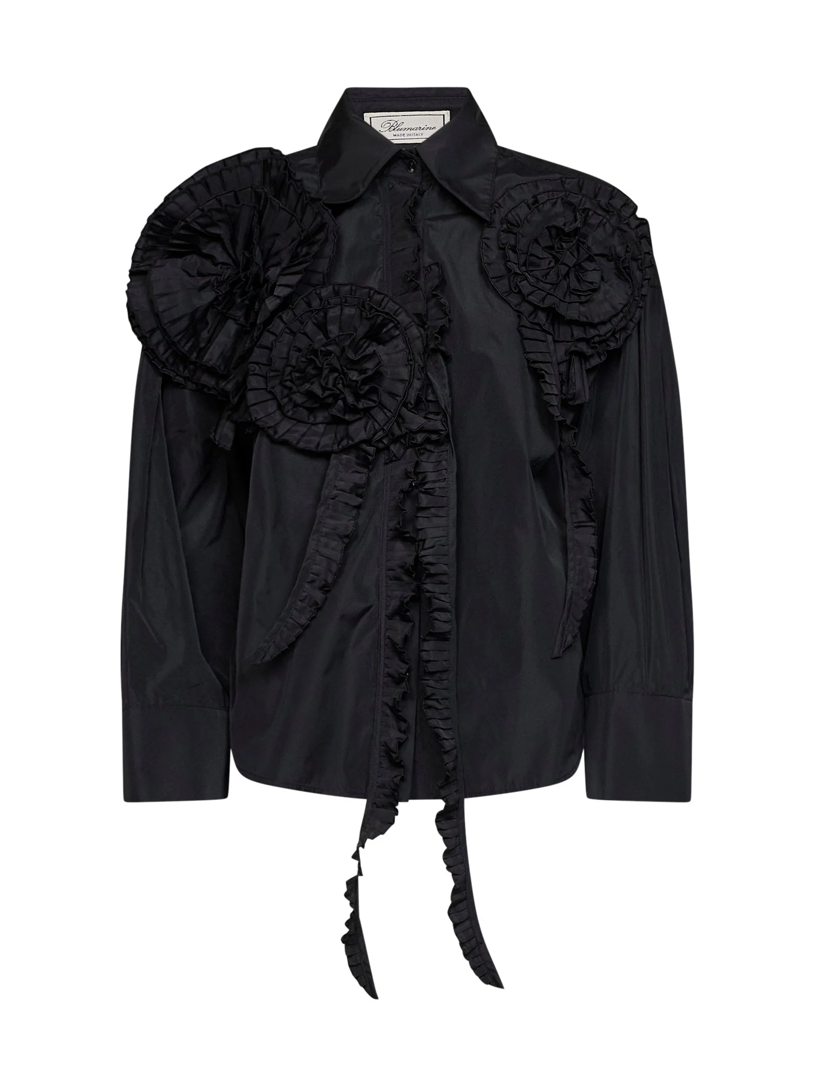 Black taffeta loose shirt with 3D roses - 1