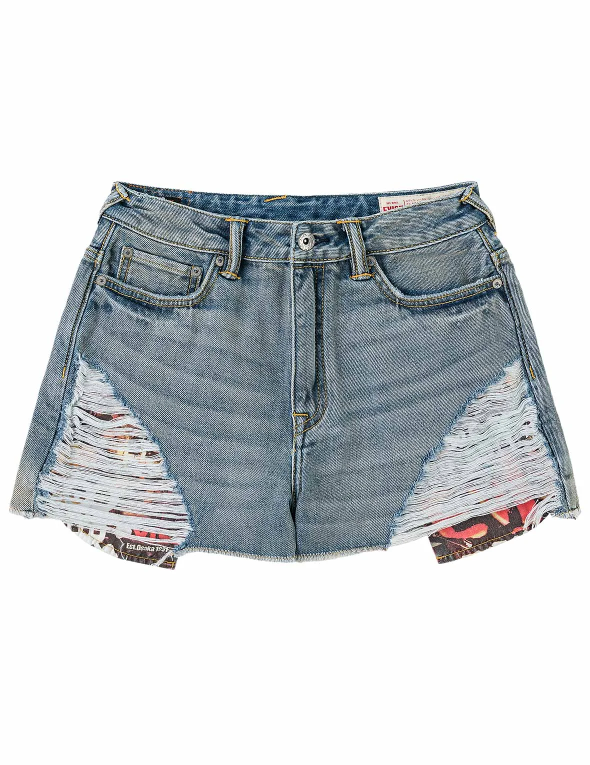 Distressed Denim Shorts with Printed Pocket Lining - 1